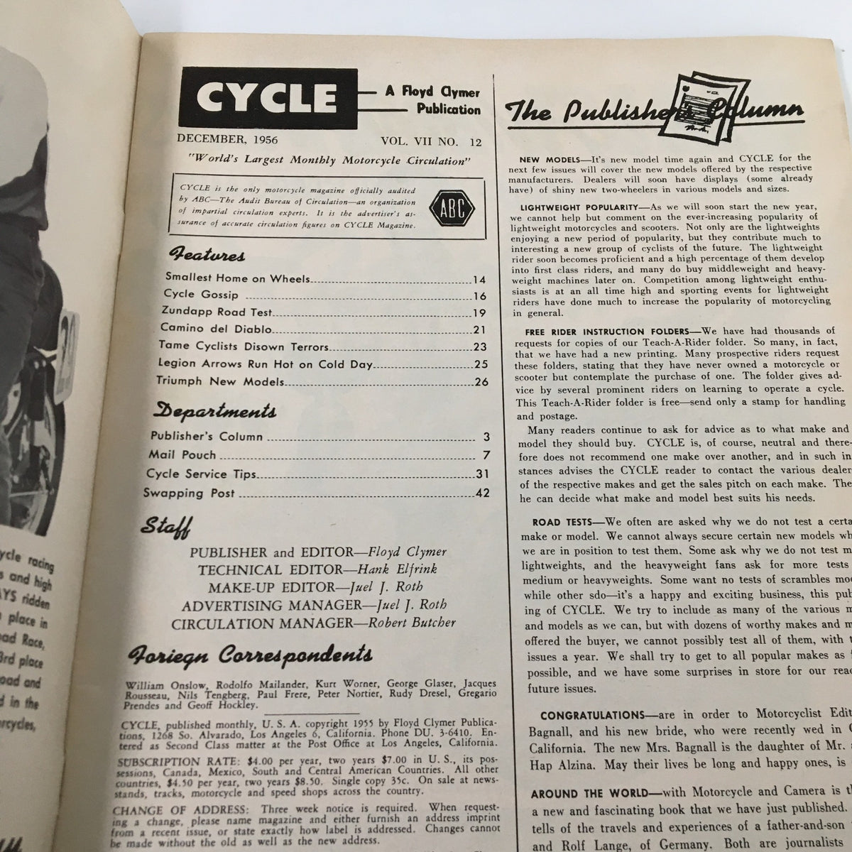 Interior page of VTG Cycle Magazine December 1956, listing features and articles including 'Cycle Gossip' and 'Zundapp Road Test', highlighting the magazine's editorial team.