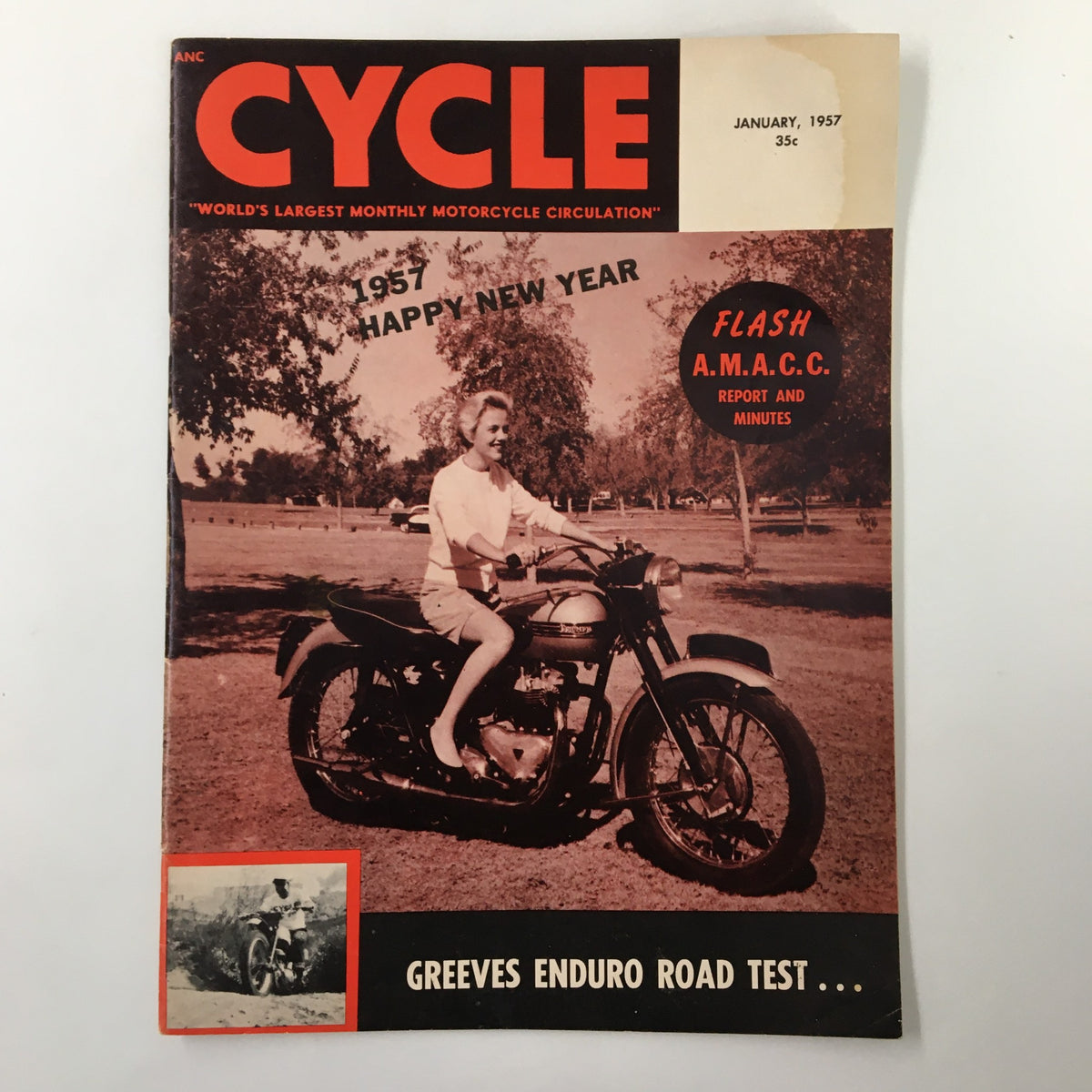 VTG Cycle Magazine January 1957 featuring Greeves Enduro Road Test on the cover, showcasing a vintage motorcycle and a woman, indicative of the motorcycle culture of the 1950s.