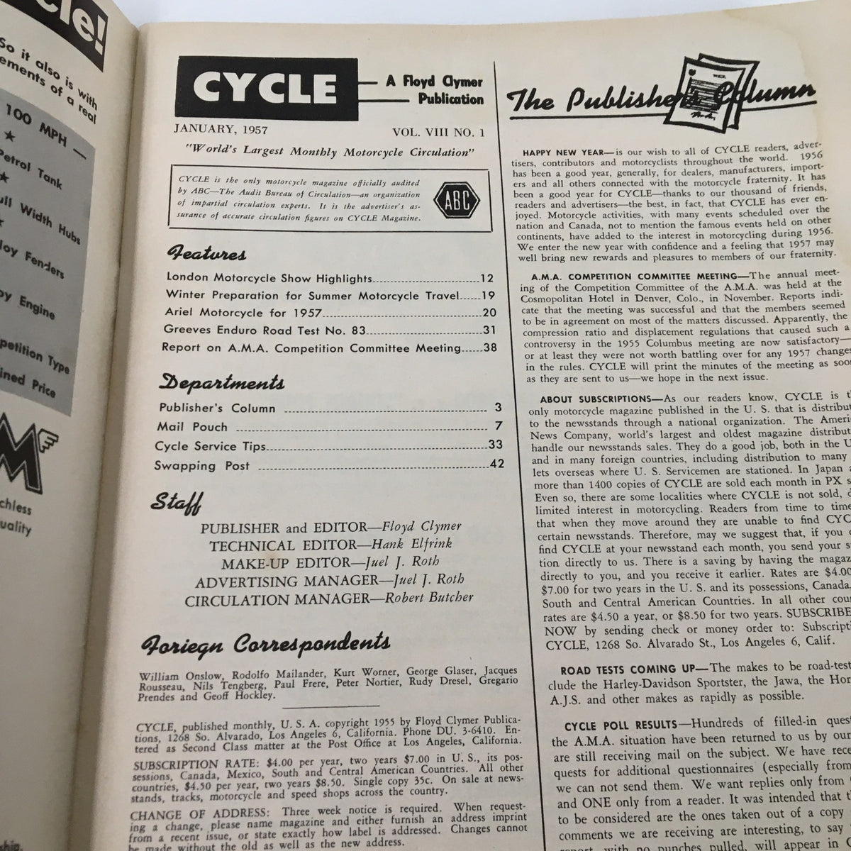 Interior page of VTG Cycle Magazine January 1957 featuring article highlights including Greeves Enduro Road Test, motorcycle show features, and publisher's note.
