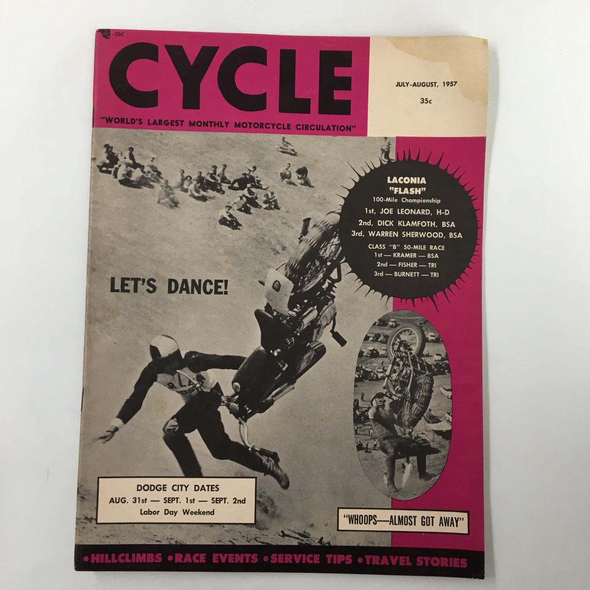 VTG Cycle Magazine July 1957 Third Cyclist Spectacle Approaching cover featuring vintage motorcycle racing imagery and headline 'LET'S DANCE!' providing a glimpse into 1950s cycling culture.