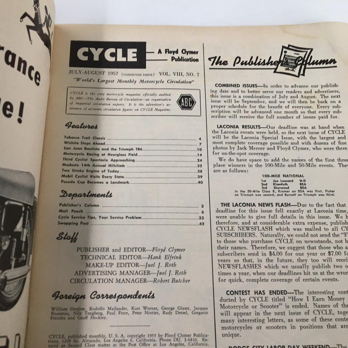 Interior page of VTG Cycle Magazine July 1957 Third Cyclist Spectacle Approaching showing the table of contents and publication details from the July-August issue.