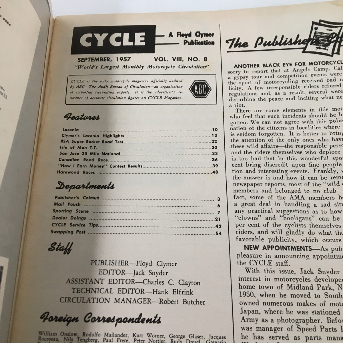 Contents page of VTG Cycle Magazine September 1957 displaying features and departments related to motorcycling.
