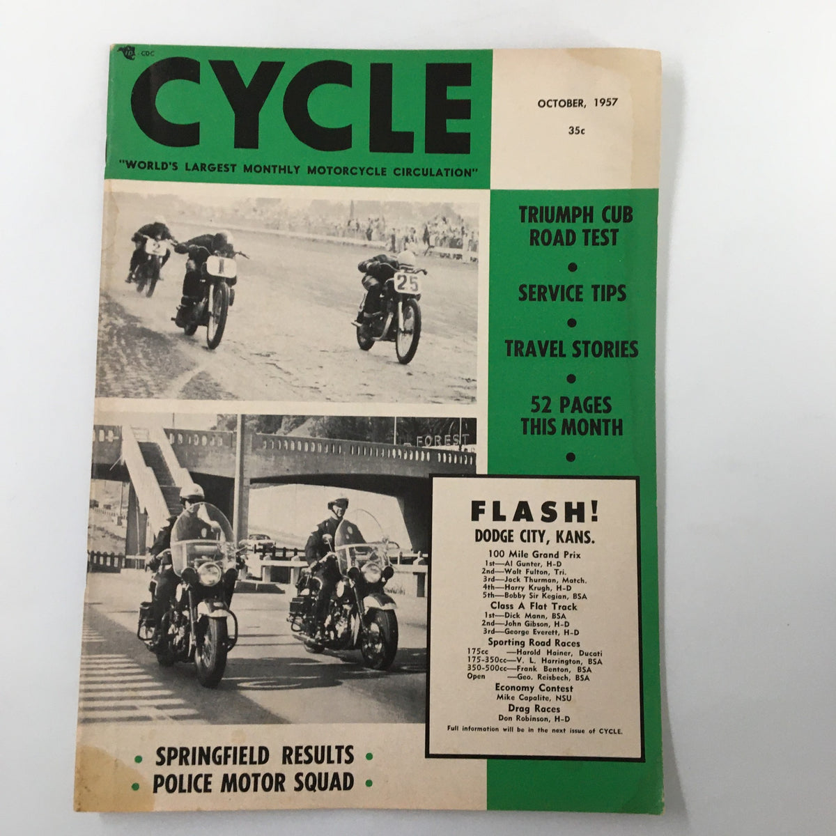 Cover of VTG Cycle Magazine October 1957 featuring motorcycle racers and promotional content for various events, showcasing the iconic design of classic cycling magazines.