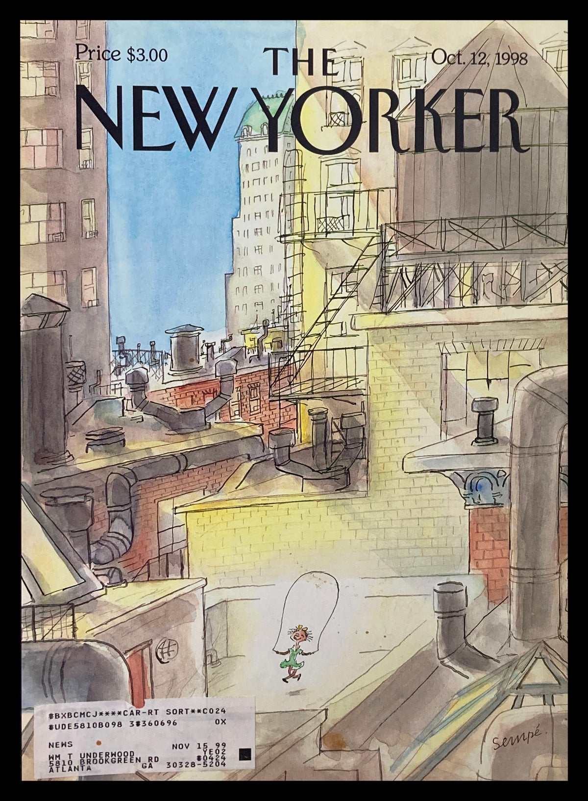 Cover of The New Yorker dated October 12, 1998, featuring the illustration 'On the Roof' by Jean-Jacques Sempe, showcasing a whimsical scene of an urban rooftop with charming characters.