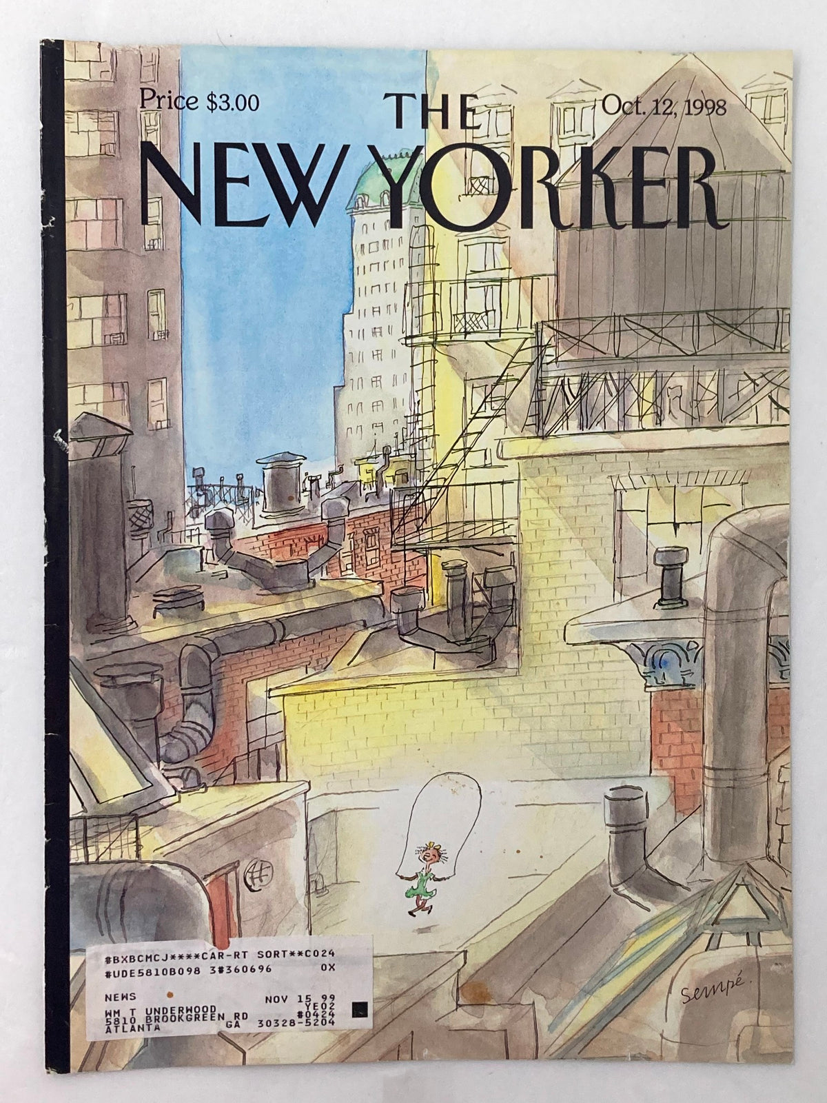 Cover of The New Yorker dated October 12, 1998, displaying the artwork 'On the Roof' by Jean-Jacques Sempe, illustrating a playful moment in a city rooftop setting.