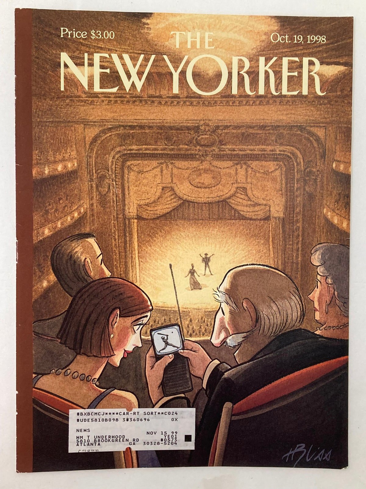 COVER ONLY The New Yorker October 19 1998 Doubleheader by Harry Bliss showcasing an audience in a theater captivated by a performance.