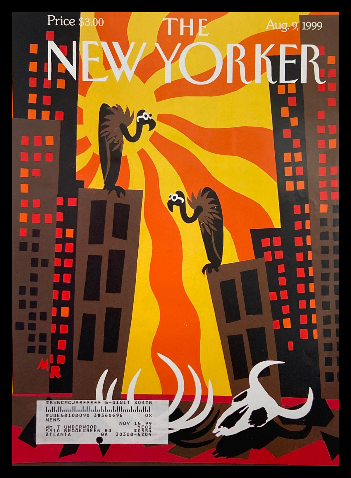 The New Yorker August 9 1999 Heat Wave cover art featuring a vibrant illustration of vultures atop skyscrapers against a striking orange and yellow sunset backdrop, designed by Michael Roberts.