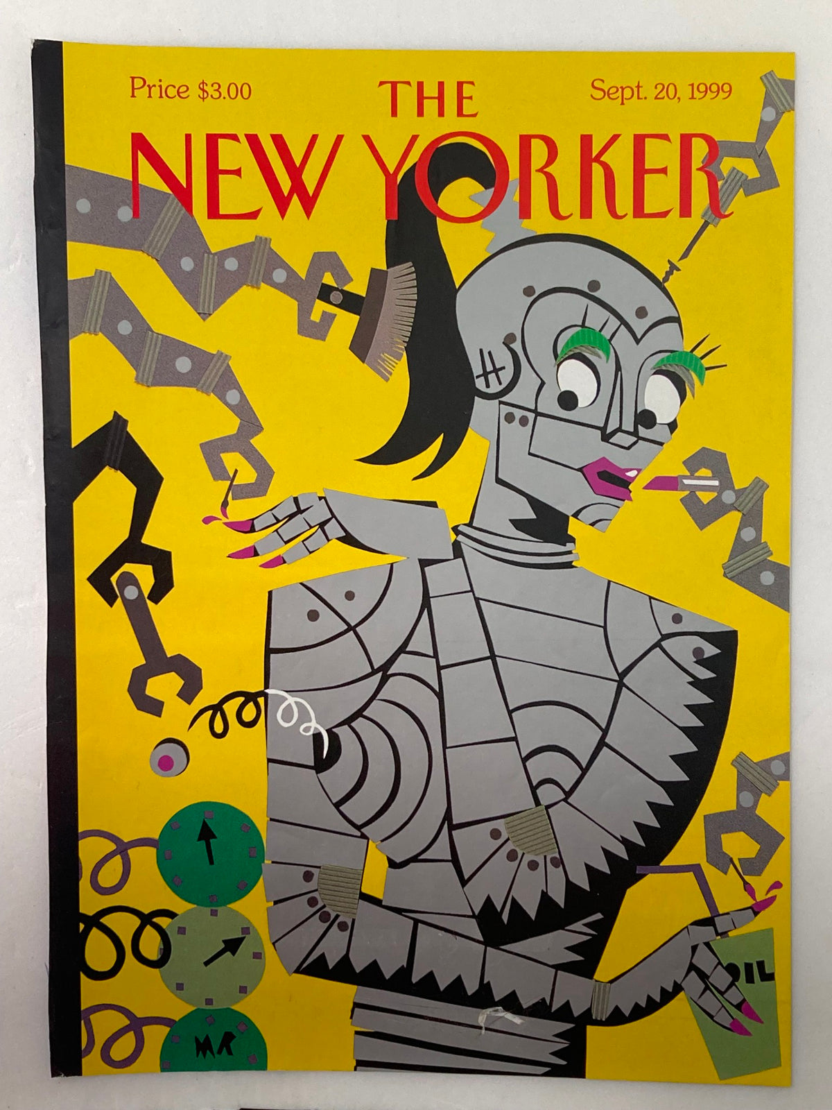 Cover of The New Yorker September 20, 1999, titled 'Steeling Beauty' by Michael Roberts, showcasing a stylized robot with bold colors, intricate details, and a playful expression against a bright yellow backdrop.