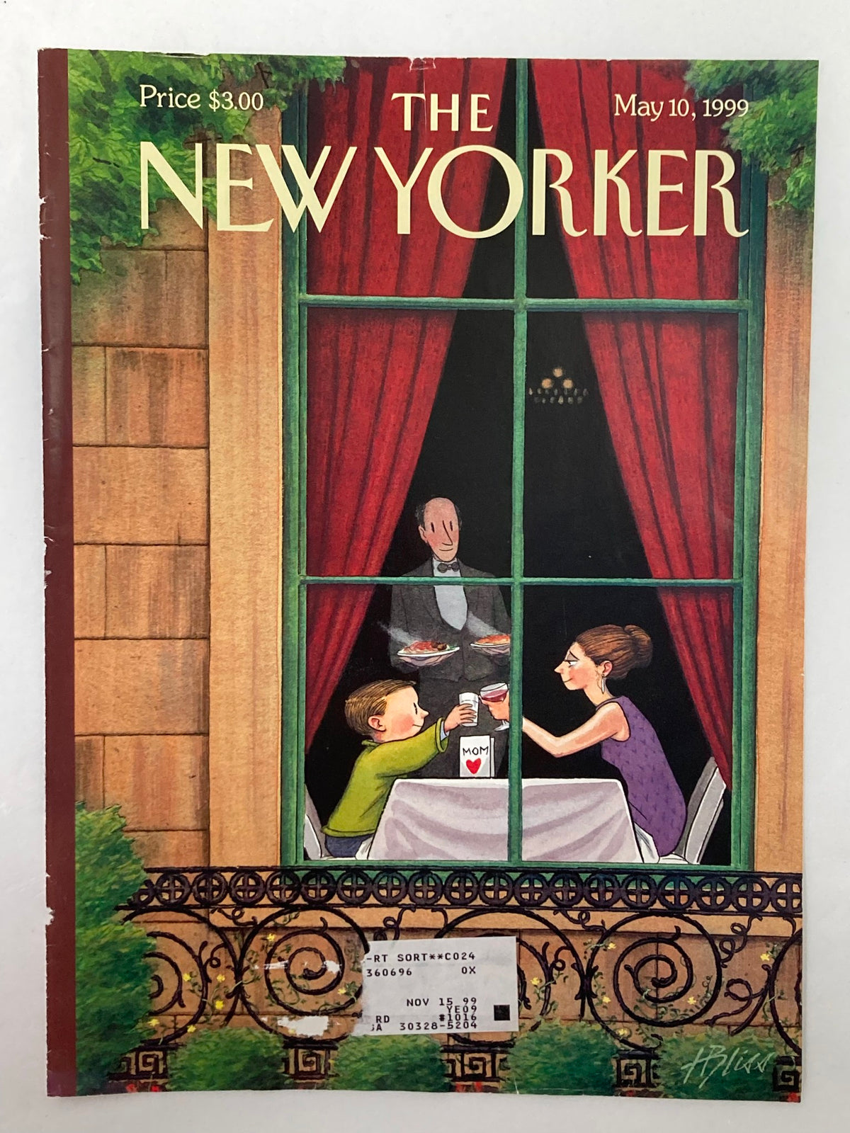 The New Yorker May 10 1999 Cover - Here's To You Mom, showcasing a colorful scene with a mother and son at a dinner table, highlighted by a red curtain.