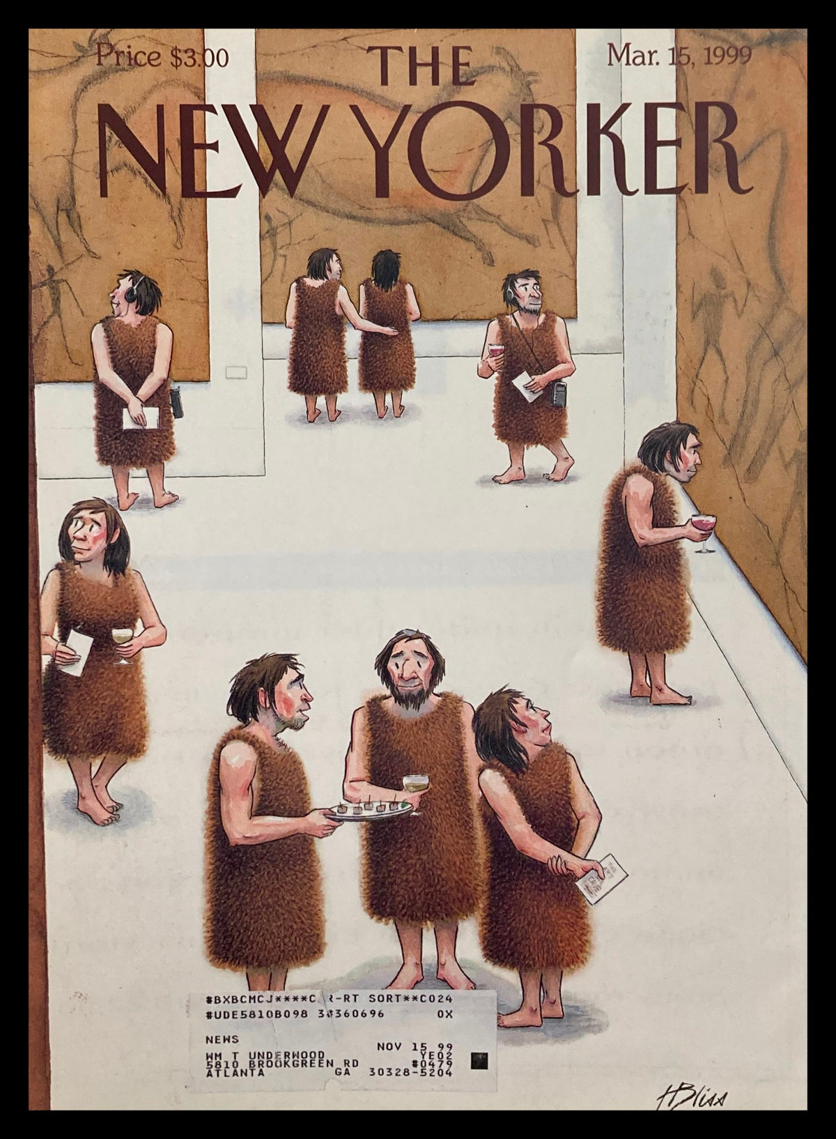 The New Yorker Cover March 15 1999 by Harry Bliss featuring a humorous scene of cavemen in an art gallery, showcasing their interactions with artwork on the walls.
