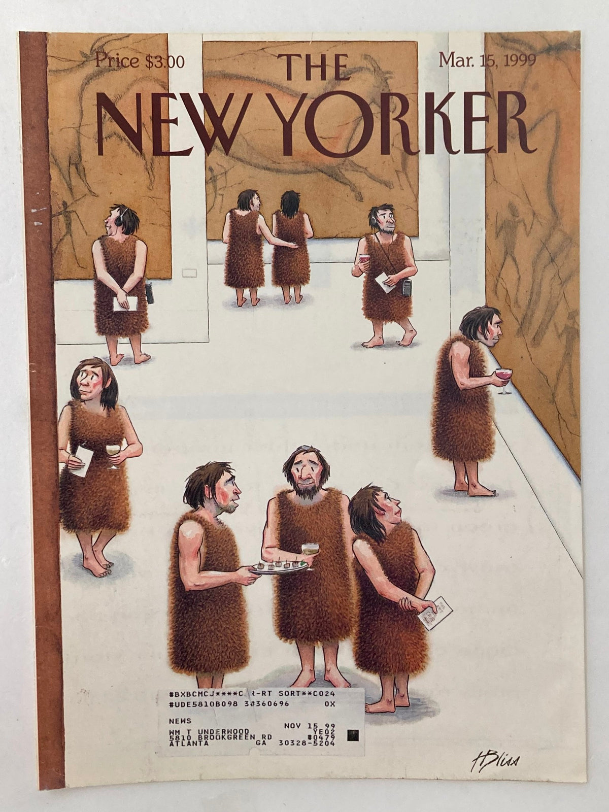 The New Yorker Cover March 15 1999 by Harry Bliss illustrating a quirky gathering of cavemen in an art exhibition, holding drinks and discussing art.