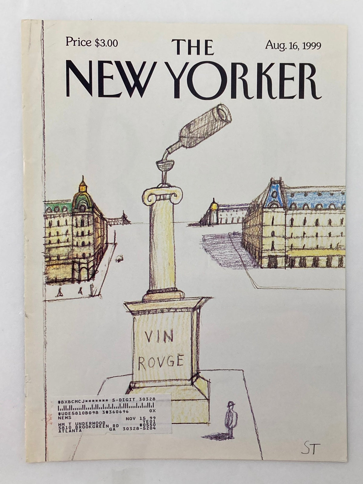 Cover of The New Yorker August 16, 1999, titled 'Red Wine Rules' by Saul Steinberg, showcasing a unique illustration of a wine bottle on a column, depicting a city square with historical buildings.