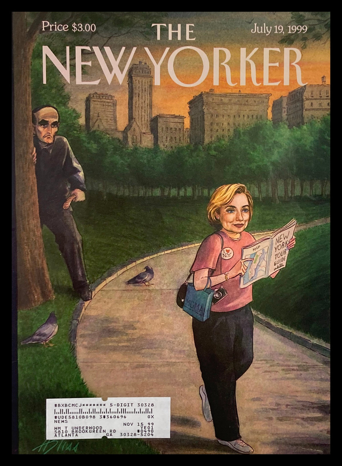 Cover of The New Yorker dated July 19, 1999, titled 'The Tough Guy & The Tourist' by H. Bliss, featuring a woman reading a tourist guide while a man watches from behind a tree in a New York City park.