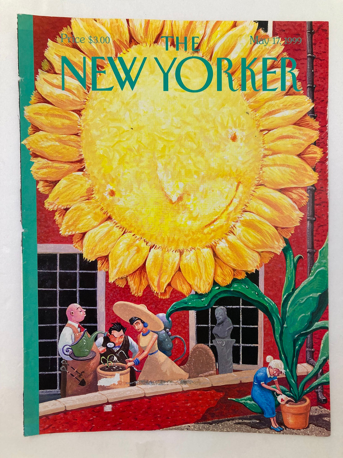 The New Yorker magazine cover from May 17, 1999, displaying a colorful sunflower and characters engaging with plants, titled 'Reap What You Sew' by William Joyce.