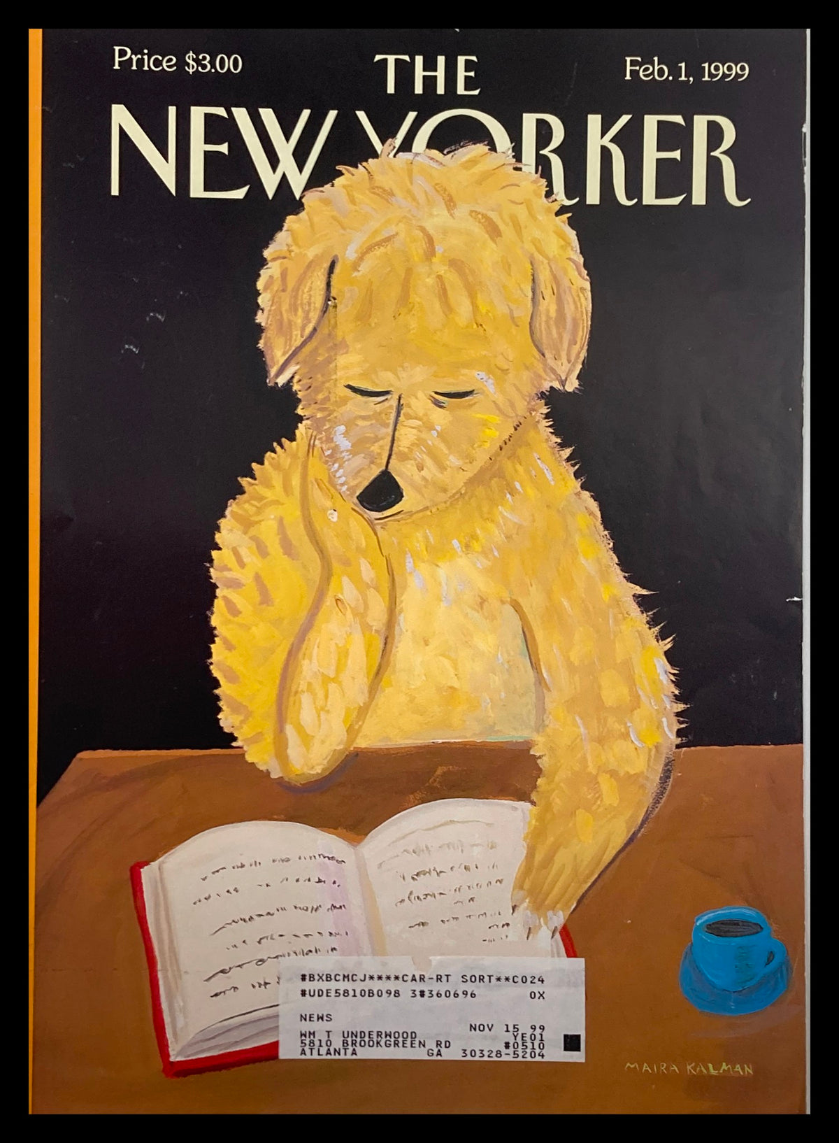 Cover of The New Yorker February 1, 1999, featuring a whimsical illustration of a dog reading a book by Maira Kalman. Vintage magazine art that appeals to dog lovers and literary enthusiasts alike.