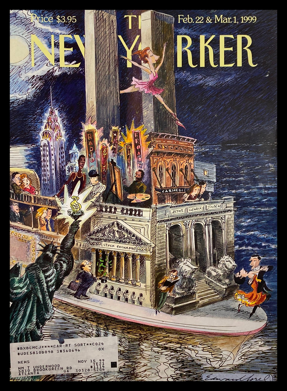 The New Yorker Cover February 22 1999 City of Dreams by Edward Sorel, featuring a colorful urban scene with the Statue of Liberty, skyscrapers, and dancers, showcasing the vibrant culture of New York City.