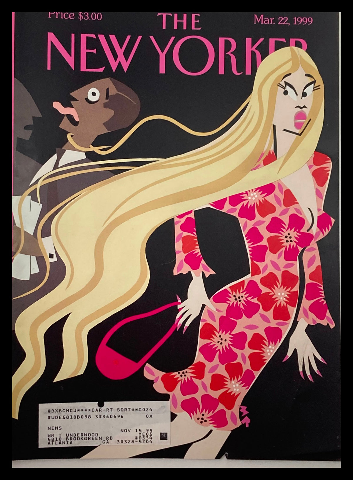 Cover only of The New Yorker March 22, 1999, titled 'Cruel Extensions' by Michael Roberts, showcasing a glamorous blonde woman in a floral dress and an expressive character beside her.