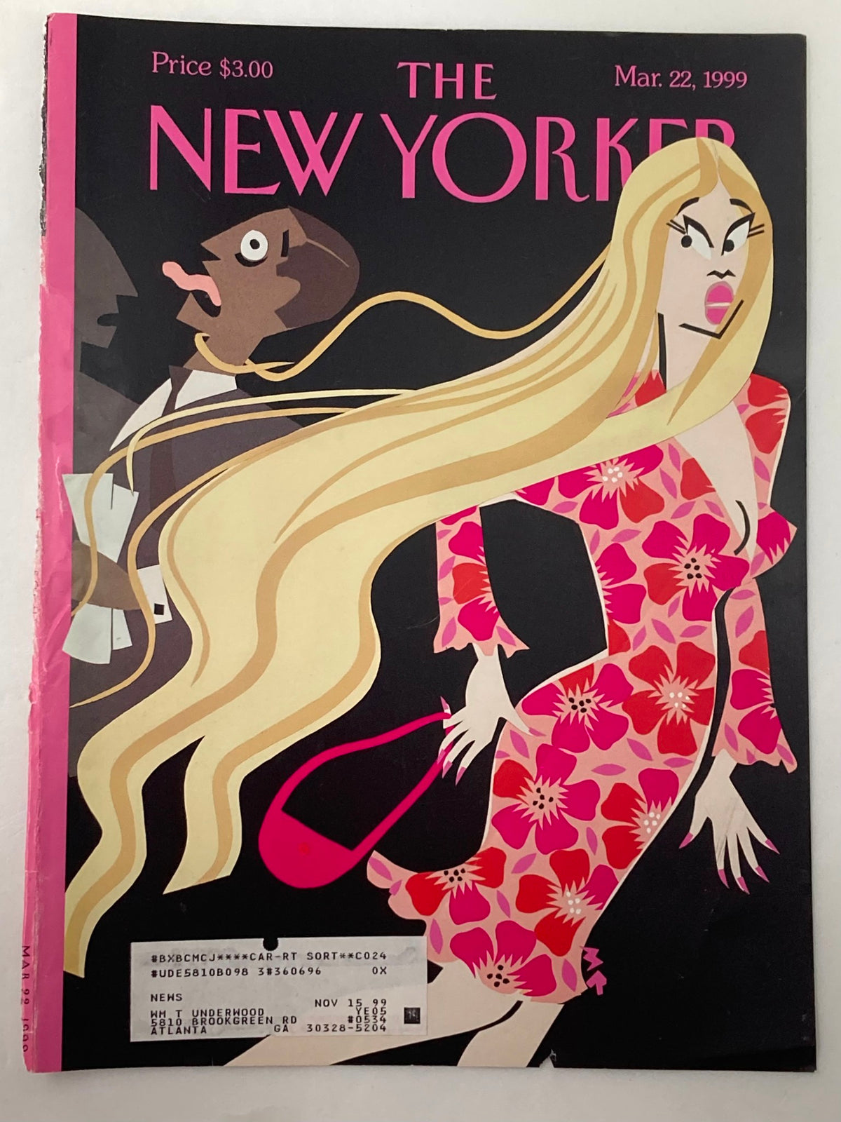 Cover only of The New Yorker March 22, 1999, titled 'Cruel Extensions' by Michael Roberts, featuring vibrant art of a blonde woman in a pink floral dress with a dramatic pose.