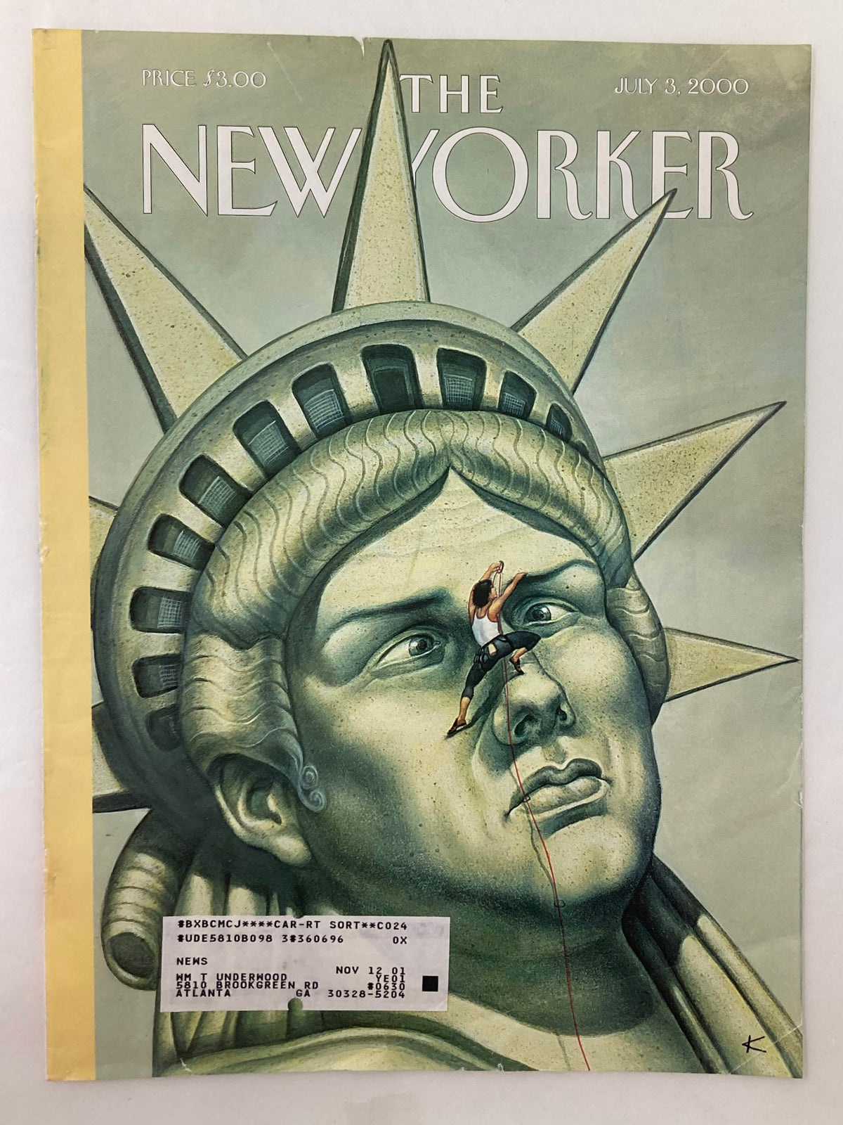 Cover of The New Yorker, July 3, 2000, titled 'Here's Looking at You' by Anita Kunz, showing a climber on the Statue of Liberty's face with a unique artistic design.