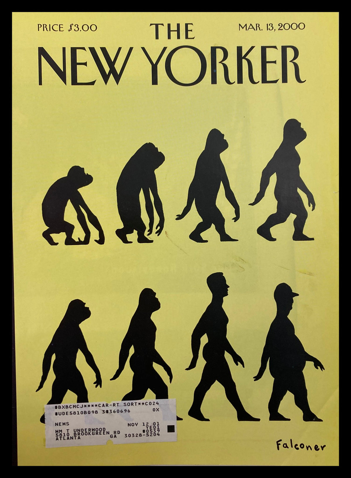 Cover of The New Yorker dated March 13, 2000, titled 'Time Marches On' by Ian Falconer, showcasing silhouettes depicting human evolution on a yellow background.