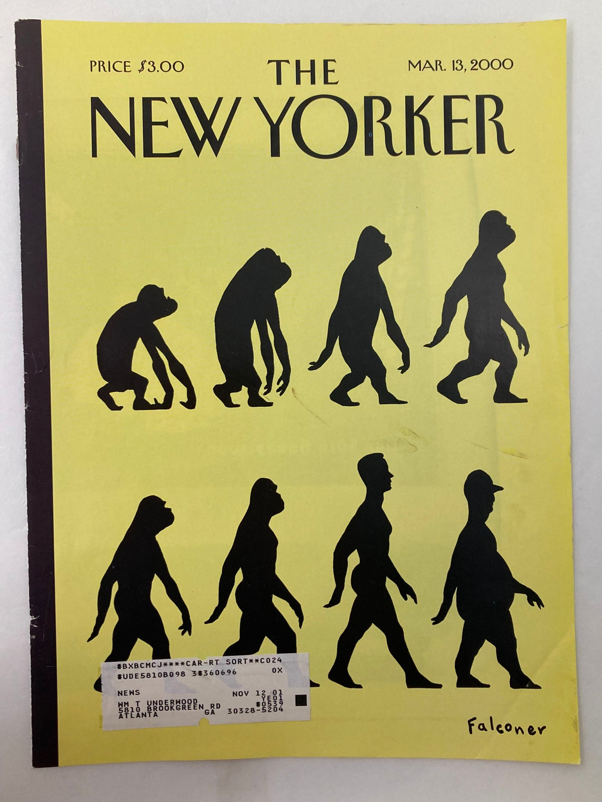 Close-up view of The New Yorker cover from March 13, 2000, featuring Ian Falconer's artwork 'Time Marches On', illustrated silhouettes of human evolutionary stages.