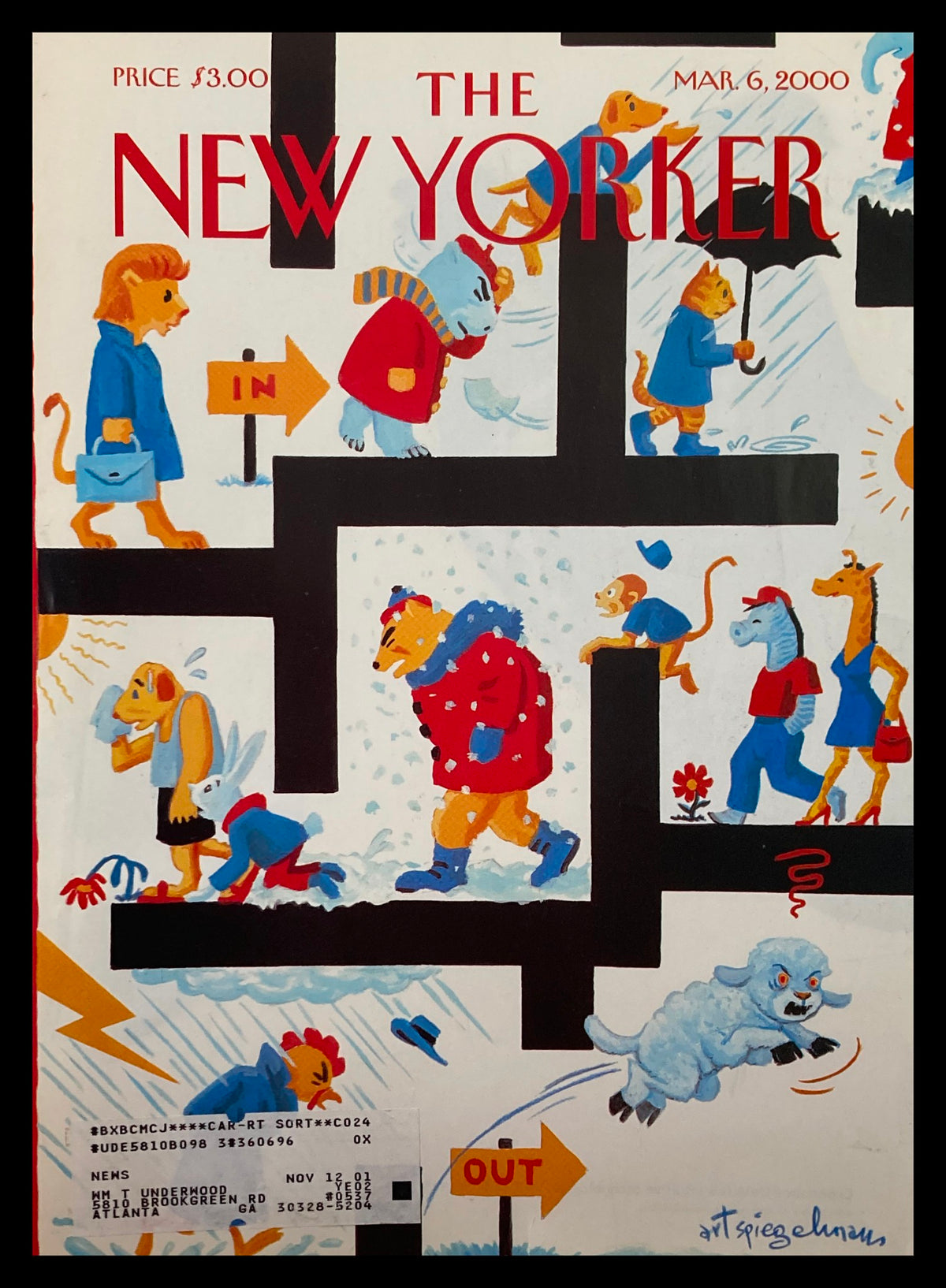 Cover of The New Yorker March 6, 2000 titled 'Out Like A Lamb' by Art Spiegelman, featuring colorful illustrations of anthropomorphic animals in a maze.