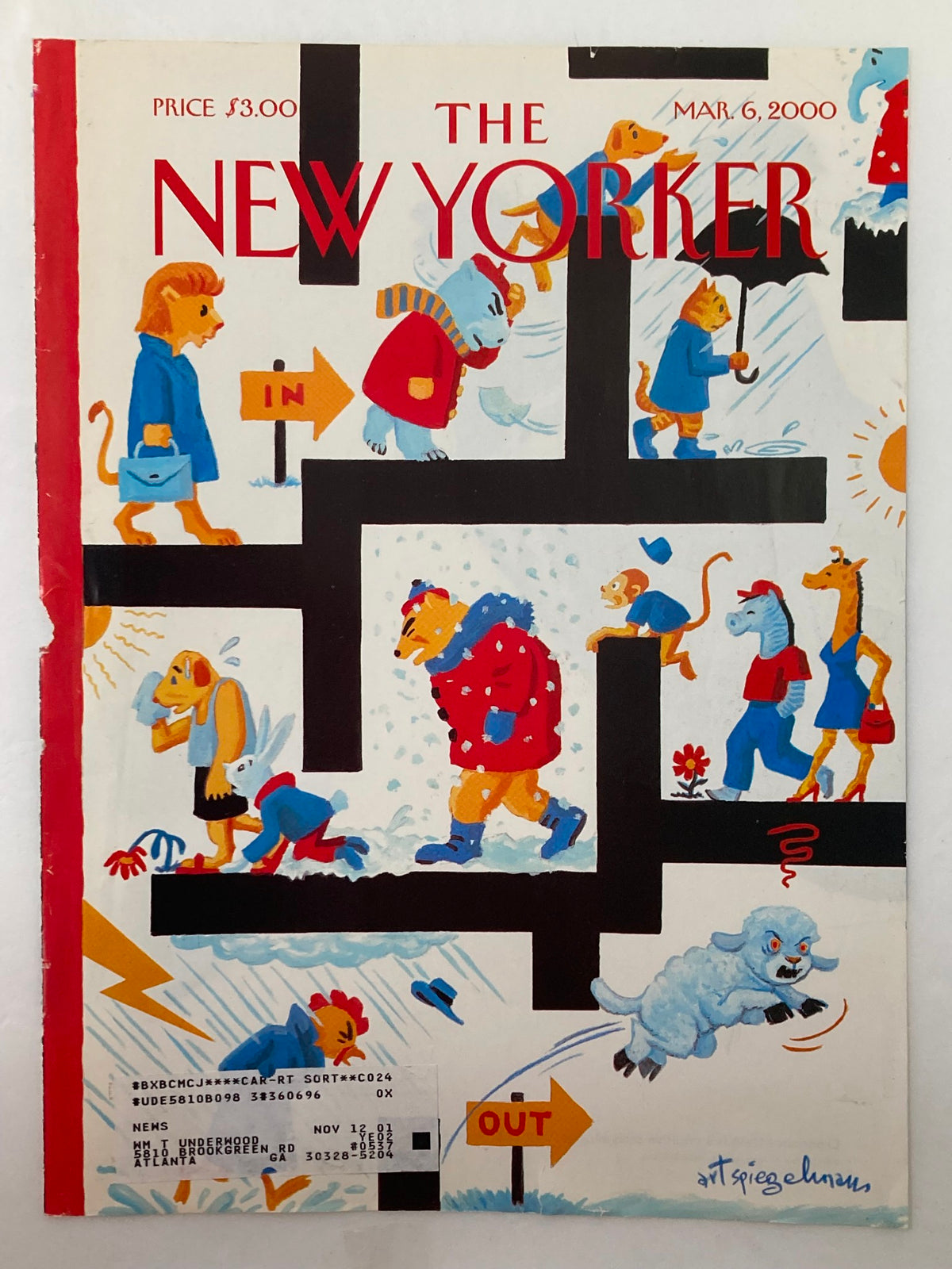 Cover of The New Yorker March 6, 2000 featuring 'Out Like A Lamb' artwork by Art Spiegelman, depicting playful scenes with animals navigating a maze.