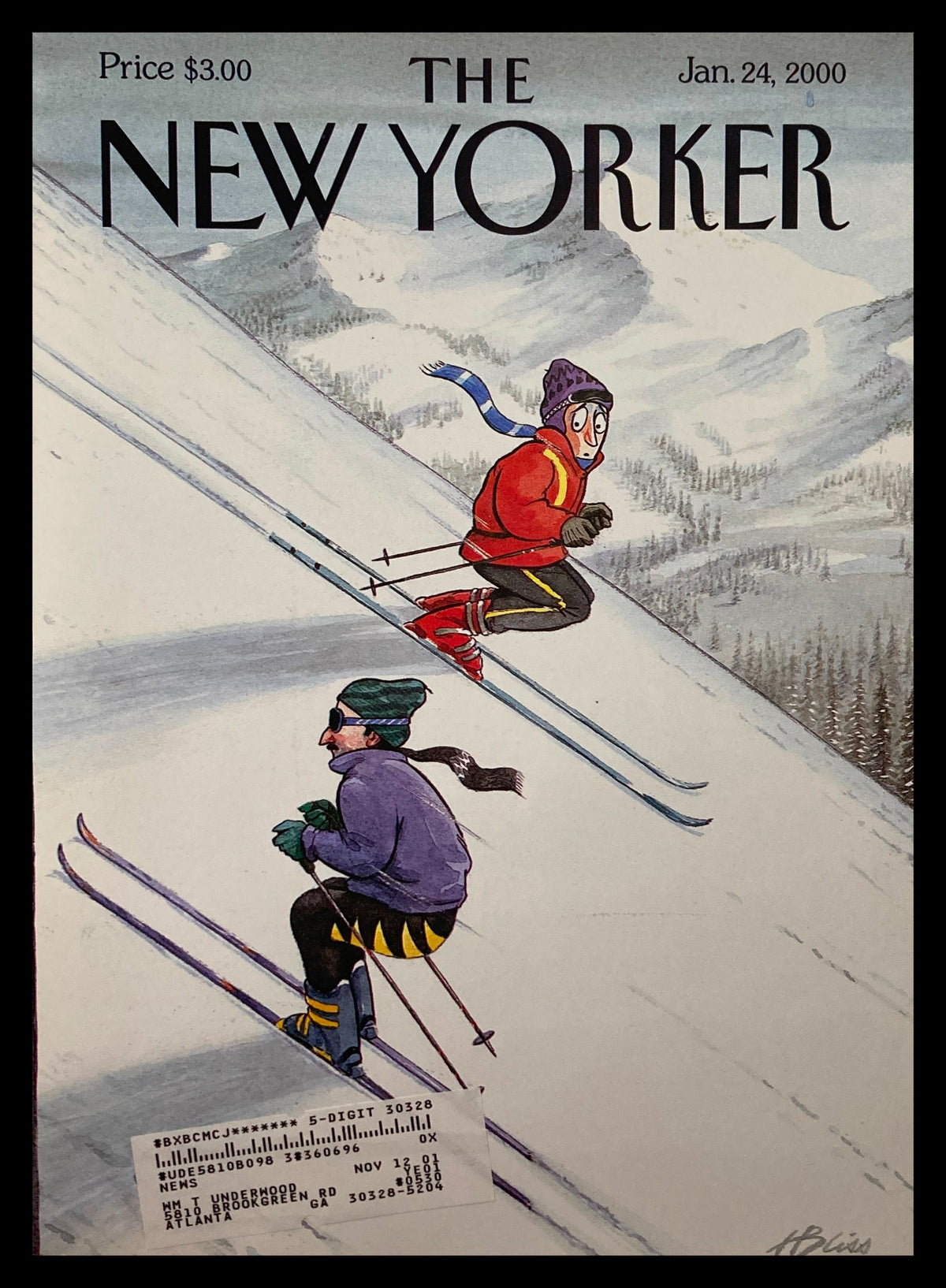 Cover of The New Yorker dated January 24, 2000, featuring the artwork 'Up the Down Slope' by Harry Bliss, depicting two skiers navigating a snowy slope.