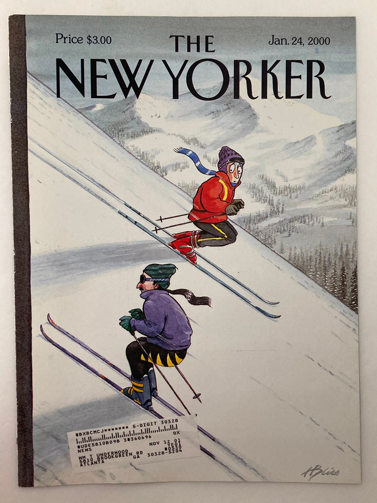 Cover of The New Yorker dated January 24, 2000, showcasing Harry Bliss's illustration 'Up the Down Slope', with two skiers in colorful winter attire on a mountainside.