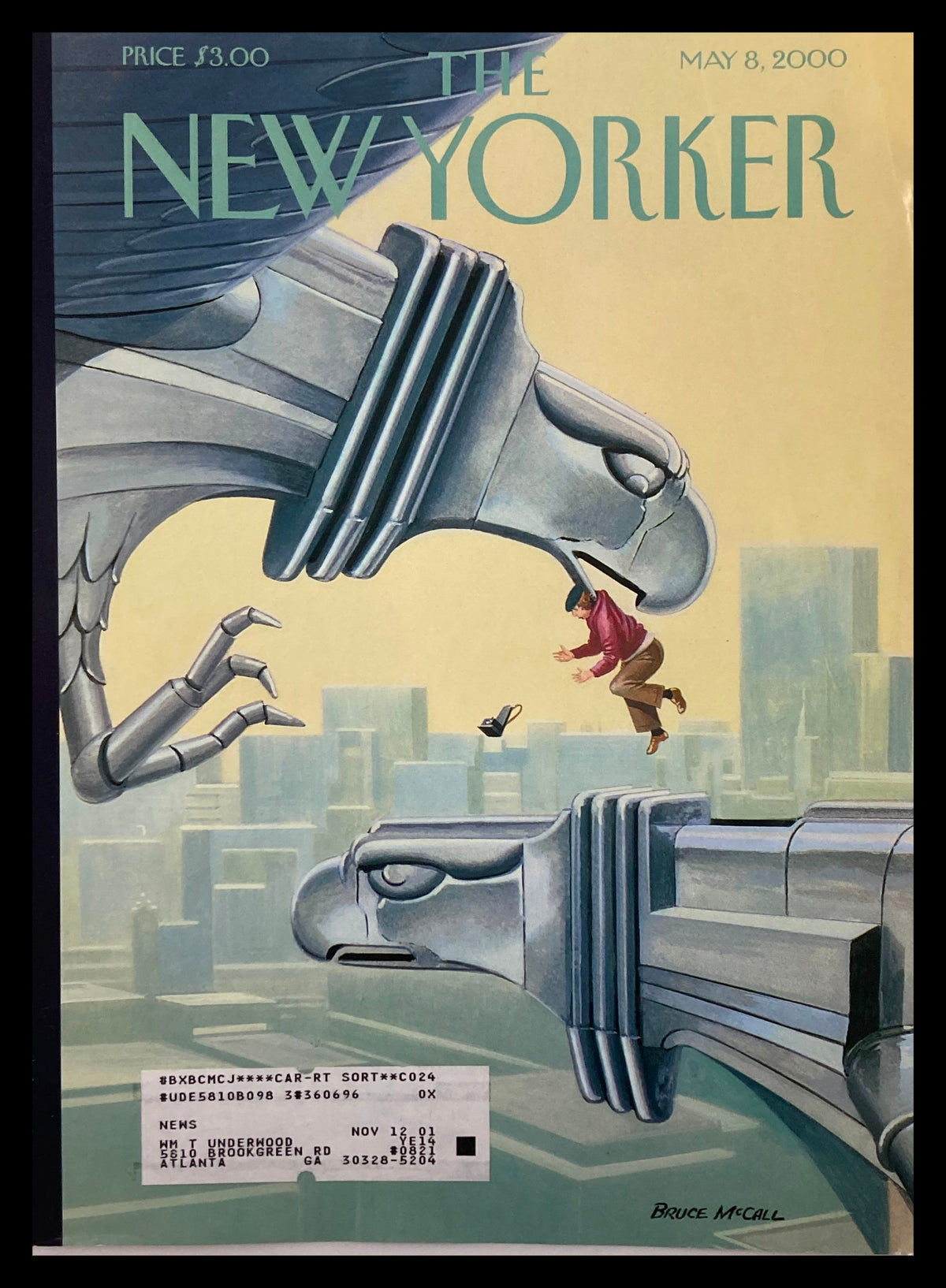 COVER ONLY The New Yorker May 8 2000 Eagle Statue by Bruce McCall, showcasing a dramatic illustration of an eagle statue with a figure in a pink shirt interacting below, perfect for collectors and art enthusiasts.