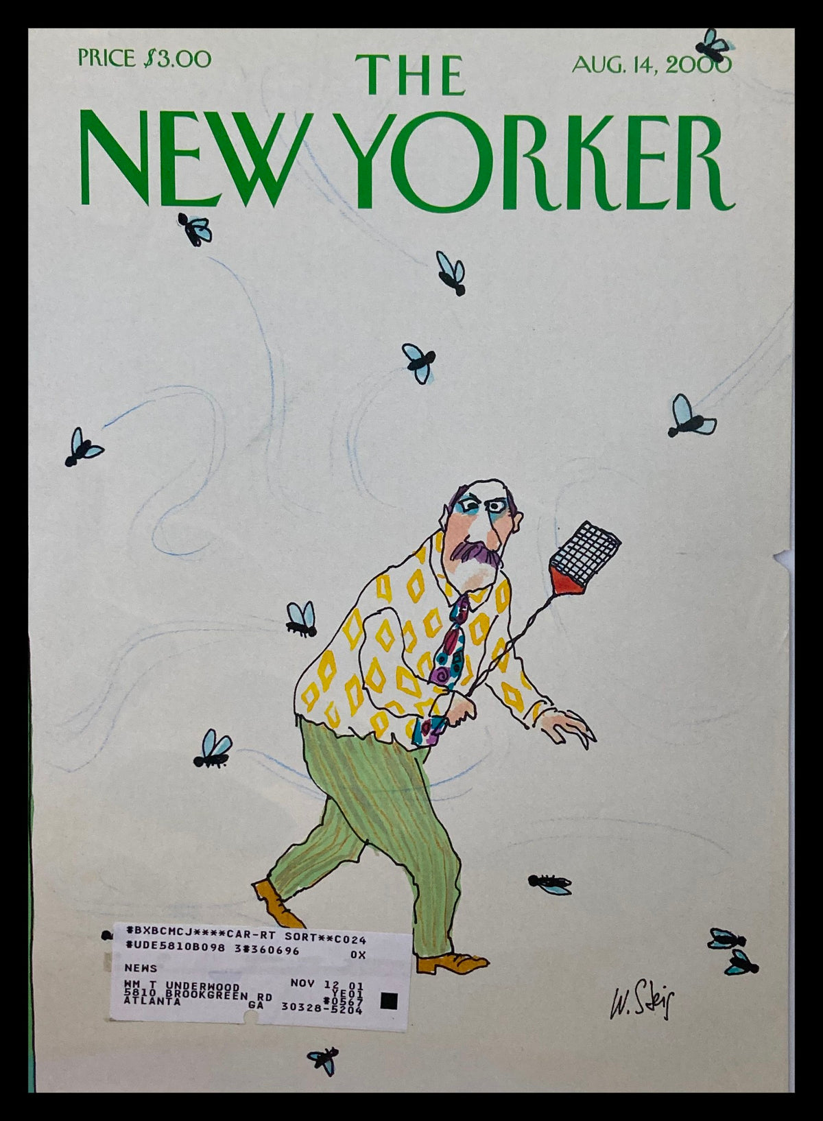 Cover of The New Yorker August 14 2000, titled 'The Fly Swatter' by William Steig, featuring a whimsical illustration of a man swatting flies.