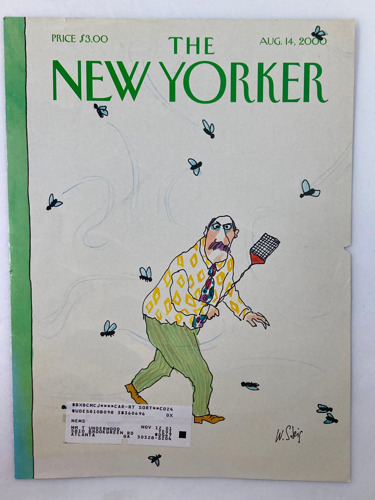 The New Yorker August 14 2000 cover featuring 'The Fly Swatter' artwork by William Steig, depicting a whimsical character swatting flies.