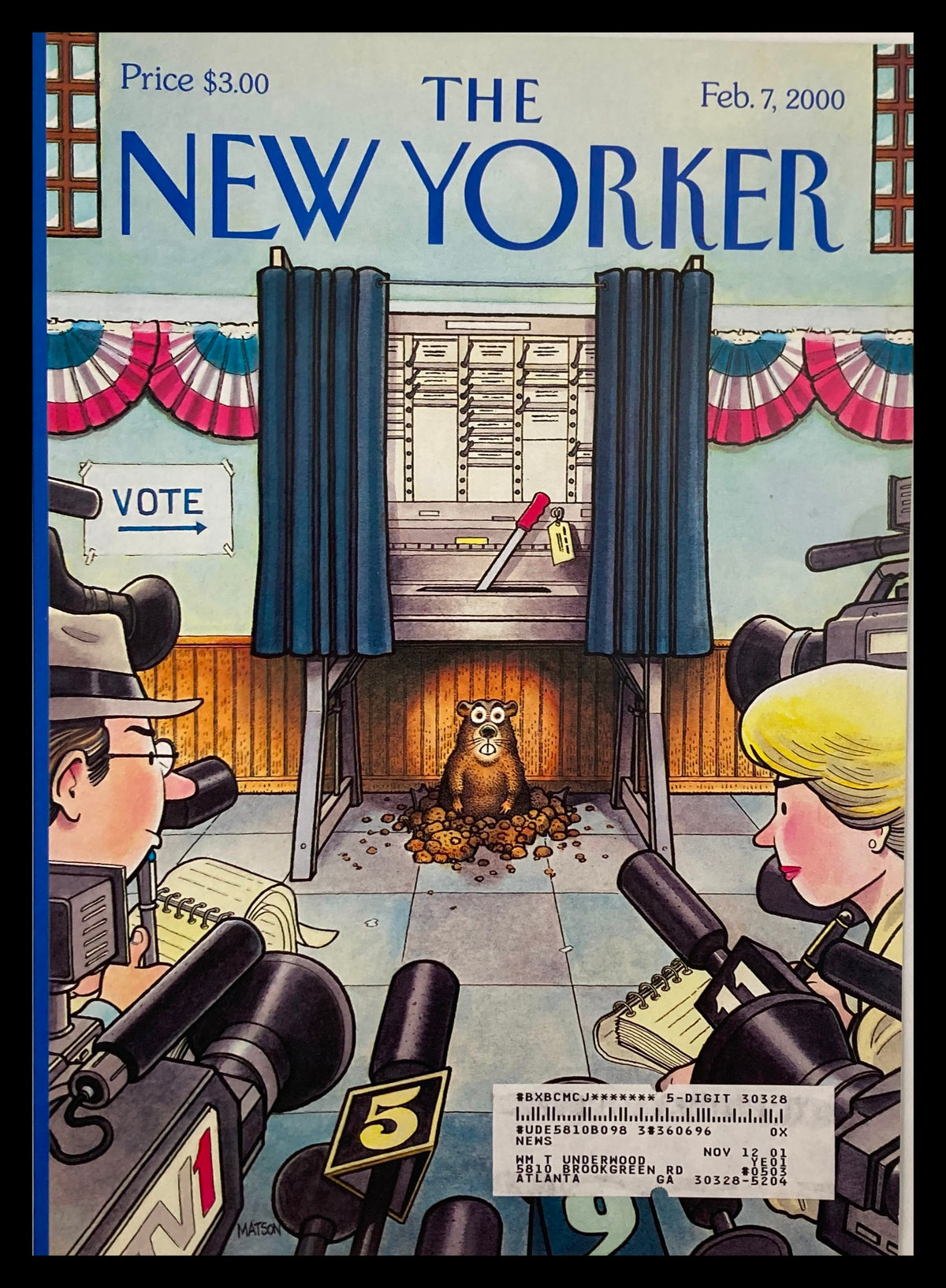 The New Yorker cover from February 7, 2000, titled 'Six More Weeks of Primaries' by Matson, featuring a humorous depiction of a voting booth with media personnel and a groundhog, capturing the political atmosphere of the election season.