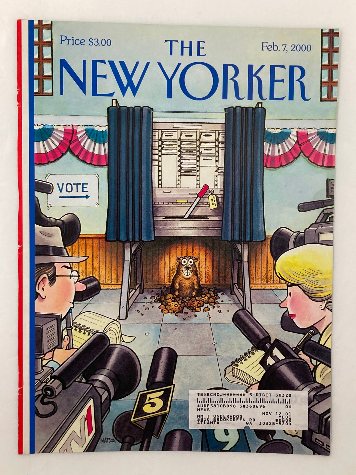 The New Yorker cover dated February 7, 2000, illustrated by Matson, showcasing a voting booth scene with a groundhog and reporters, titled 'Six More Weeks of Primaries', reflecting the political tension and media frenzy of the time.