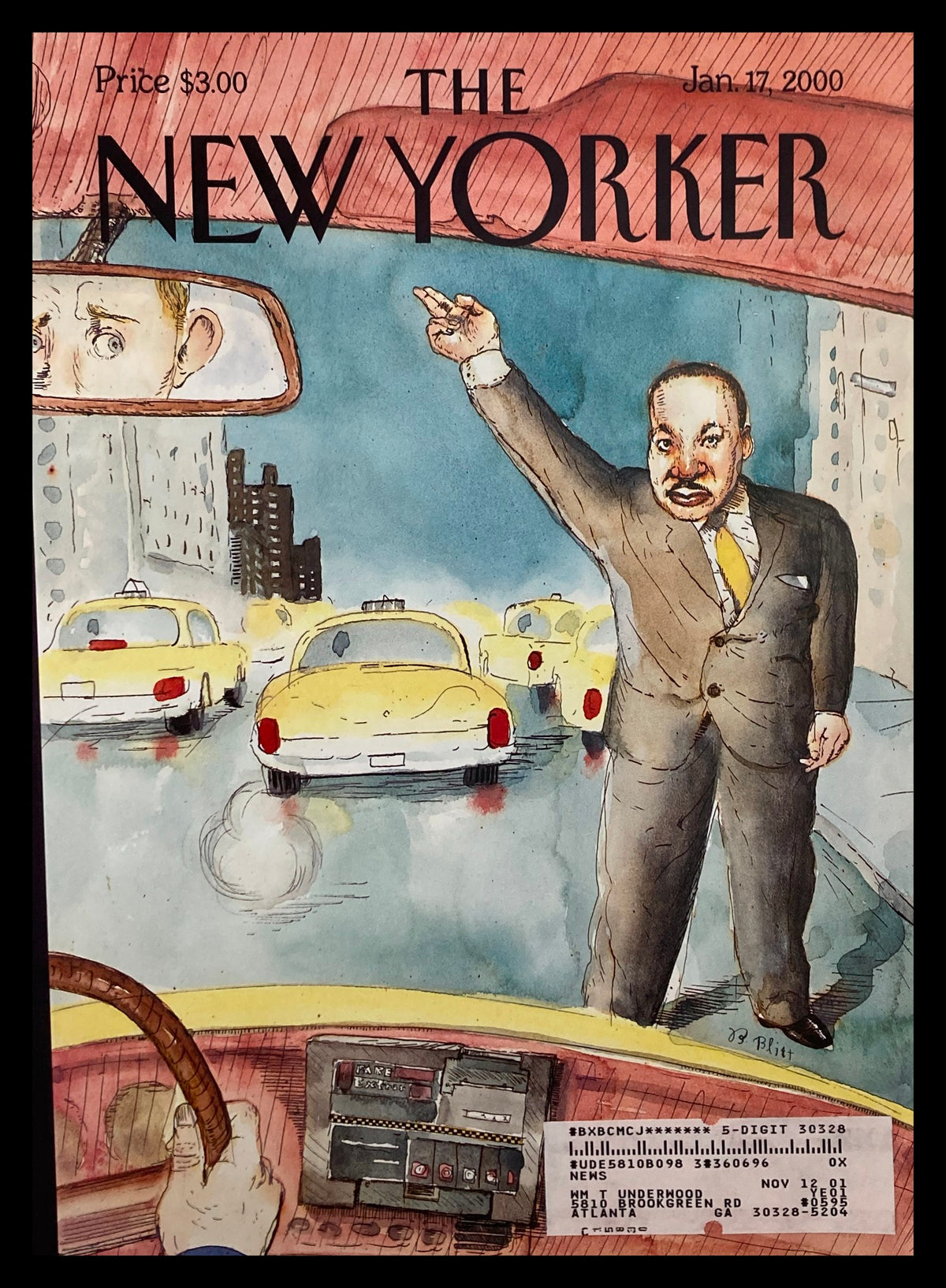 Cover of The New Yorker January 17, 2000, featuring the artwork 'Hailing Dr. King' by Barry Blitt, depicting Martin Luther King Jr. in a taxi amidst yellow cabs, symbolizing cultural commentary.