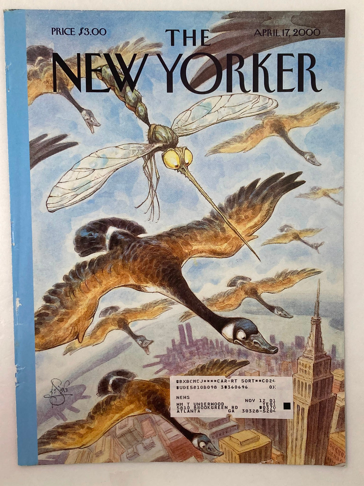 The New Yorker magazine cover for April 17, 2000, 'Blending In' by Peter de Seve, showcasing an artistic depiction of geese in flight with a dragonfly above a city backdrop, along with a price label.