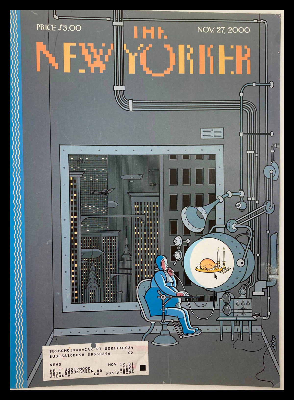 Iconic cover of The New Yorker from November 27, 2000, themed around Thanksgiving, illustrated by Chris Ware. Features a creative design with a futuristic character gazing at a Thanksgiving meal.