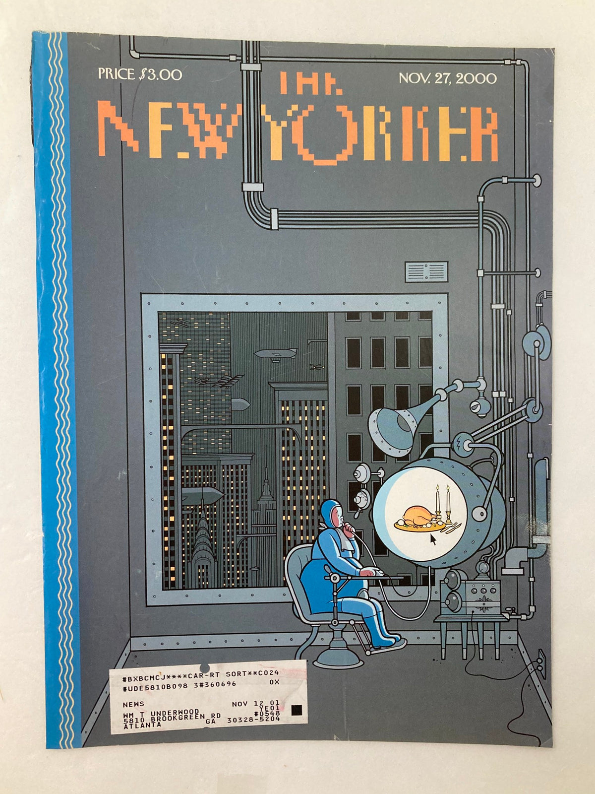 The New Yorker cover from November 27, 2000, designed by Chris Ware, showcasing a Thanksgiving theme. The image depicts a character in a creative setting, observing a Thanksgiving feast.