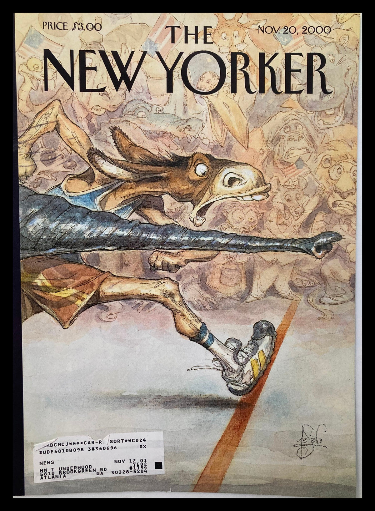The New Yorker Cover November 20 2000 titled 'By a Nose?' featuring a whimsical illustration by Peter de Seve, depicting a racing donkey in a humorous competition setting.