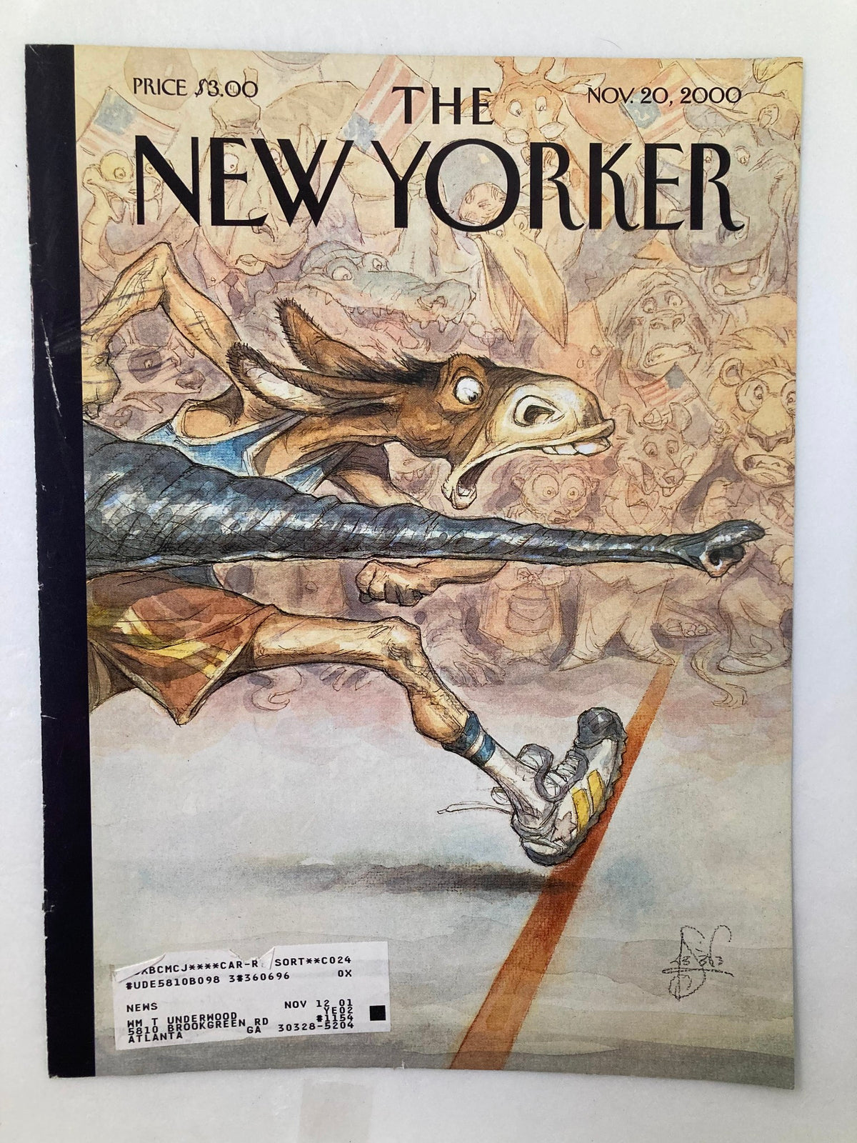 The New Yorker Cover November 20 2000 titled 'By a Nose?' showcasing a playful illustration by Peter de Seve, with a donkey in athletic wear racing against lively animated background characters.
