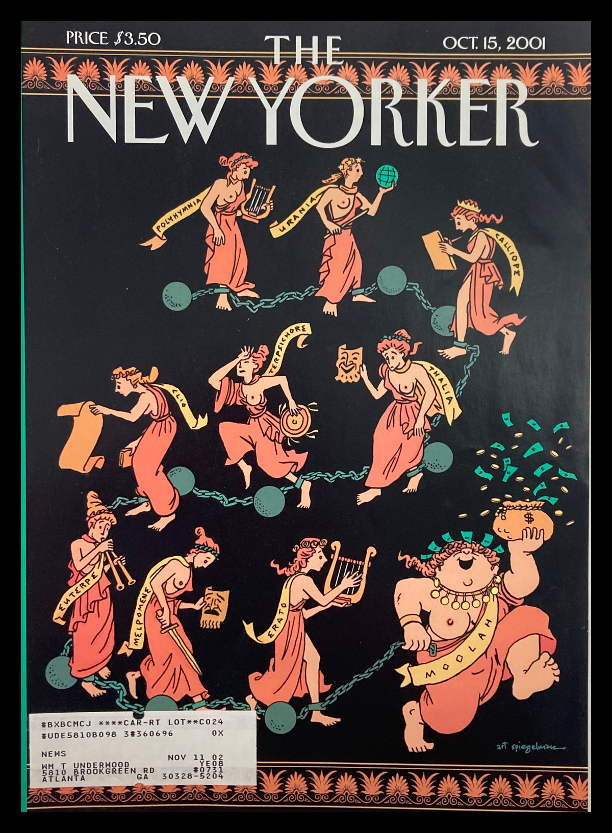 Cover of The New Yorker from October 15, 2001, featuring artwork by A. Spiegelman, depicting themes of terrorism and tolerance with striking illustrations of historical figures and symbols.