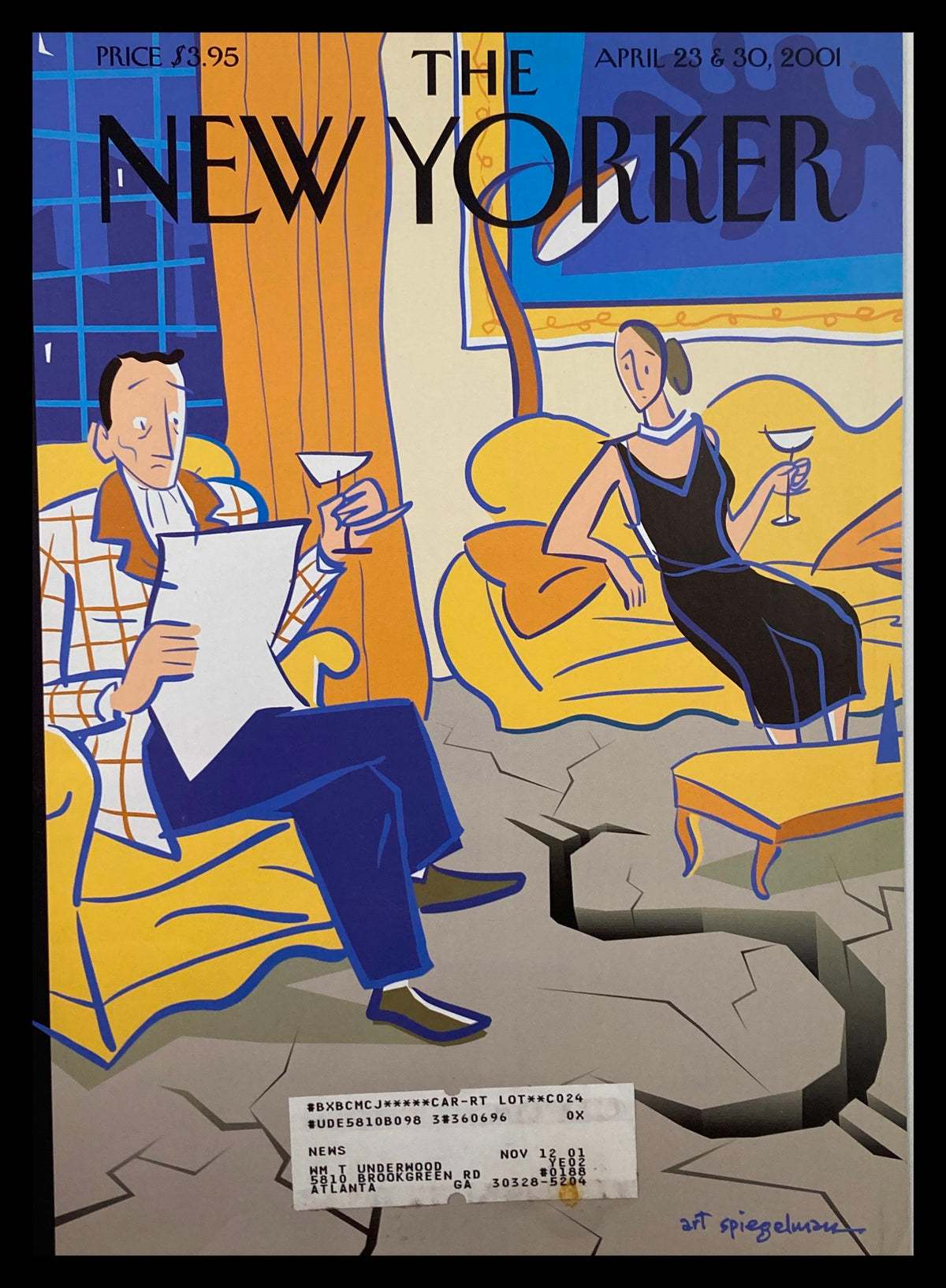 Cover of The New Yorker from April 23 and 30, 2001, titled 'Portrait of Decency' by Art Spiegelman, depicting a man and a woman in a living room with drinks, showcasing vibrant artwork.