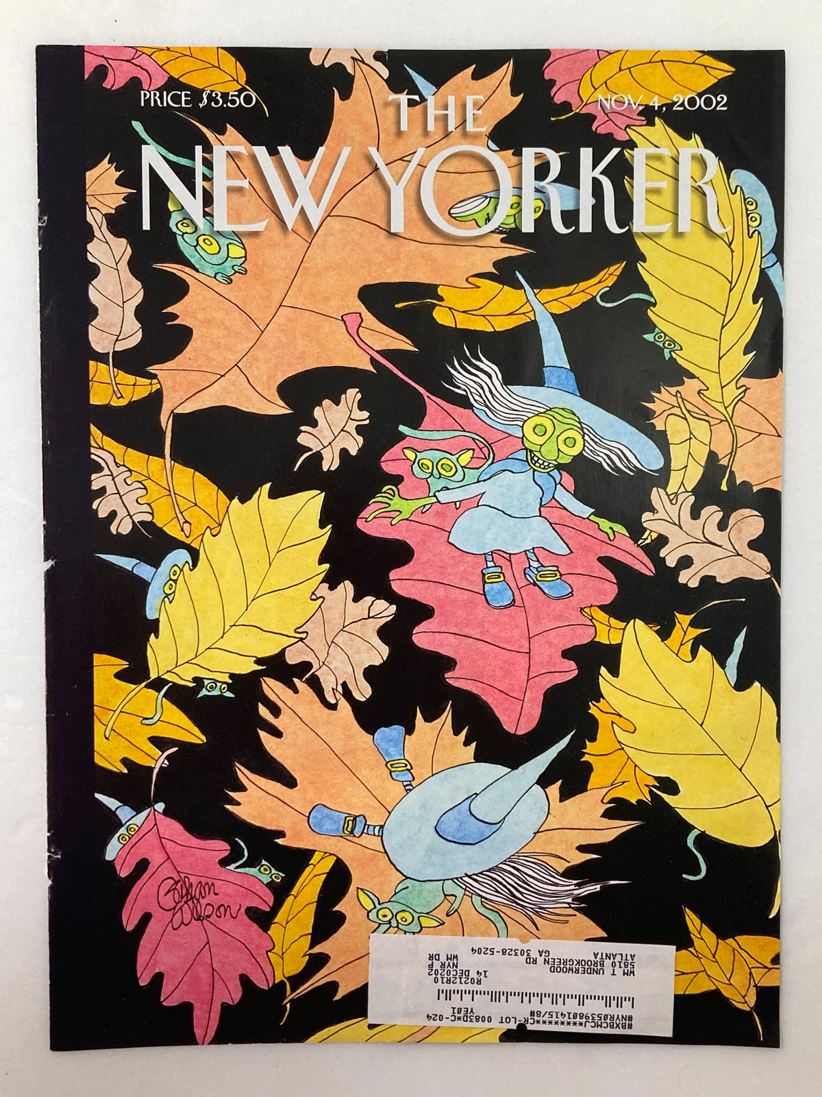 Cover of The New Yorker dated November 4, 2002, featuring whimsical flying leaves illustrated by Gahan Wilson, showcasing a vibrant autumn scene with characters and leaves in flight.