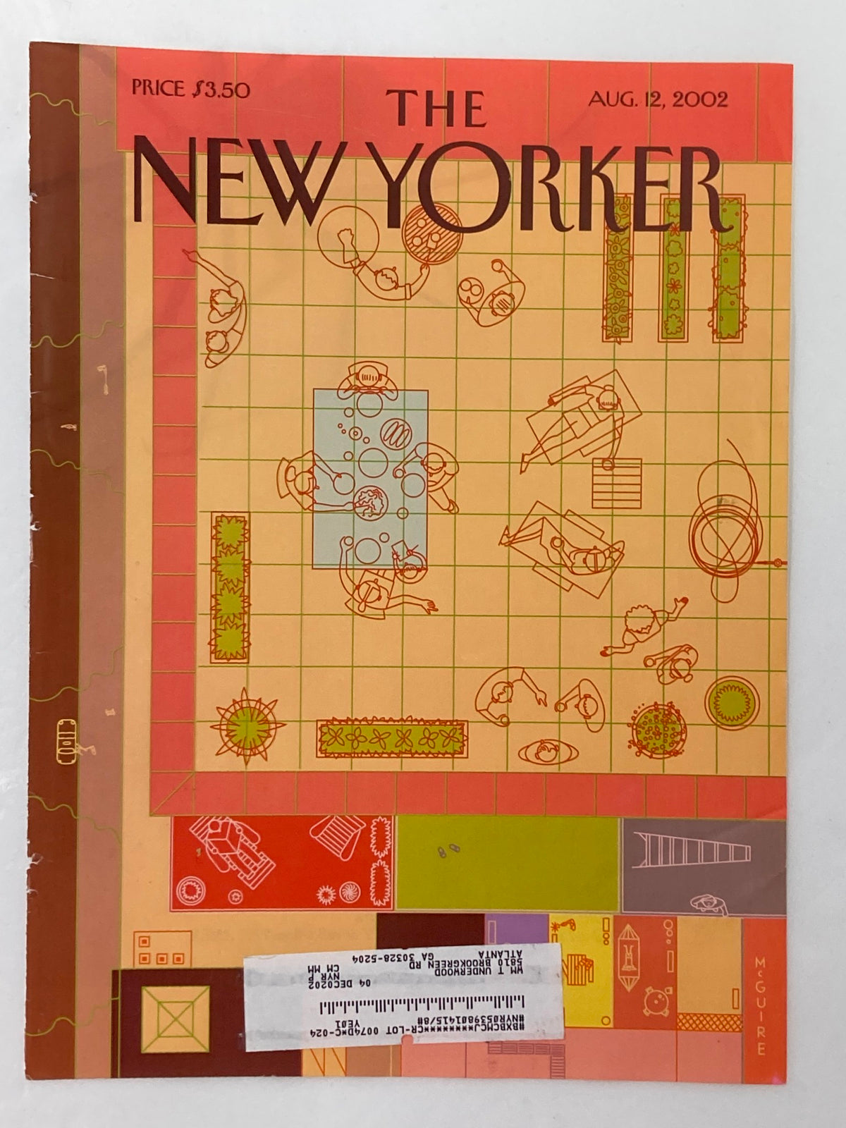 The New Yorker August 12 2002 cover depicting a playful bird's eye view of a BBQ scene, created by Richard McGuire, featuring a vibrant design with picnic layouts and artistic details.