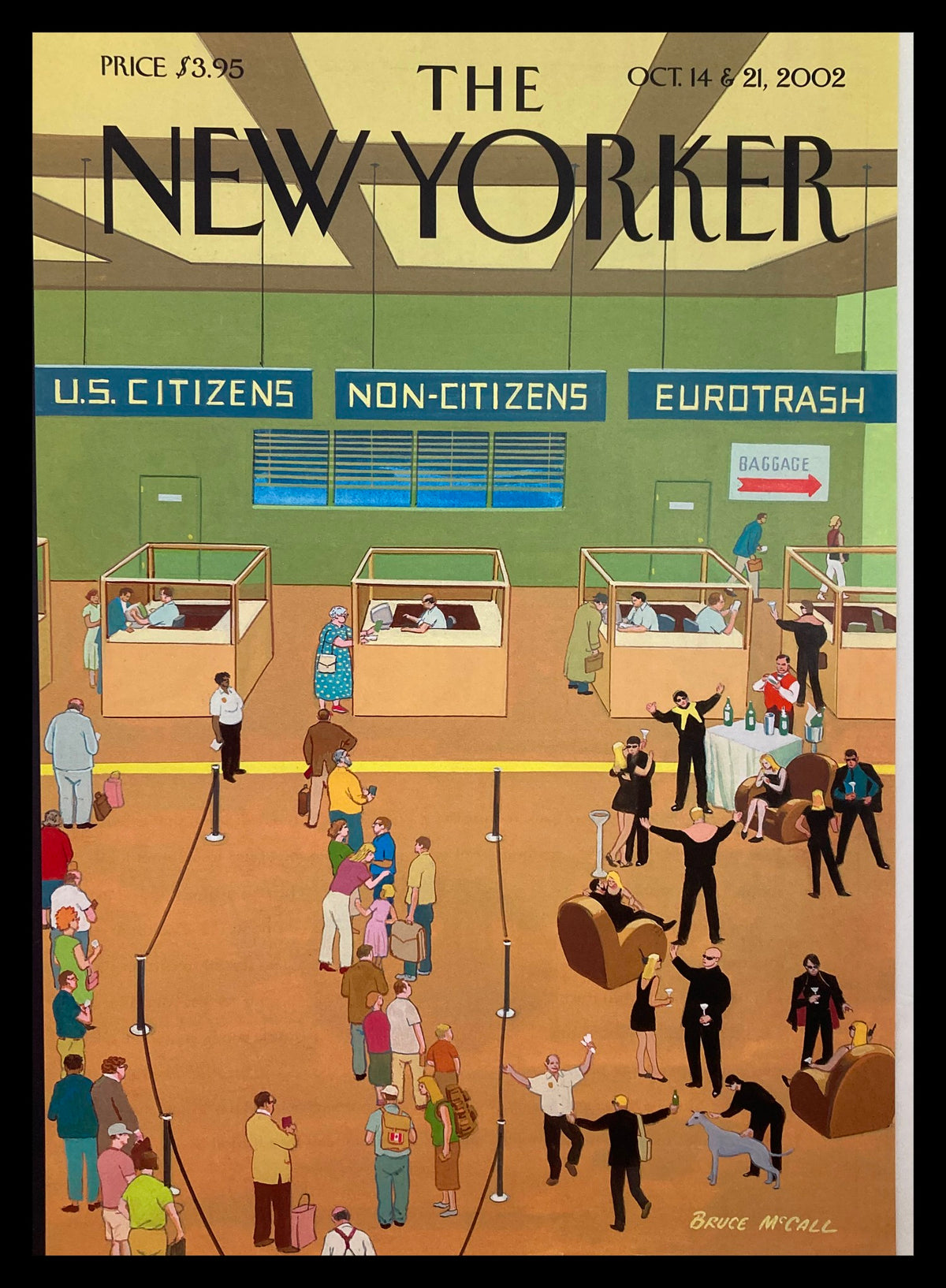The New Yorker cover titled 'The Bush Manifesto' by Bruce McCall, depicting a satirical representation of U.S. citizens, non-citizens, and Eurotrash, with various characters engaged in political and social interactions.
