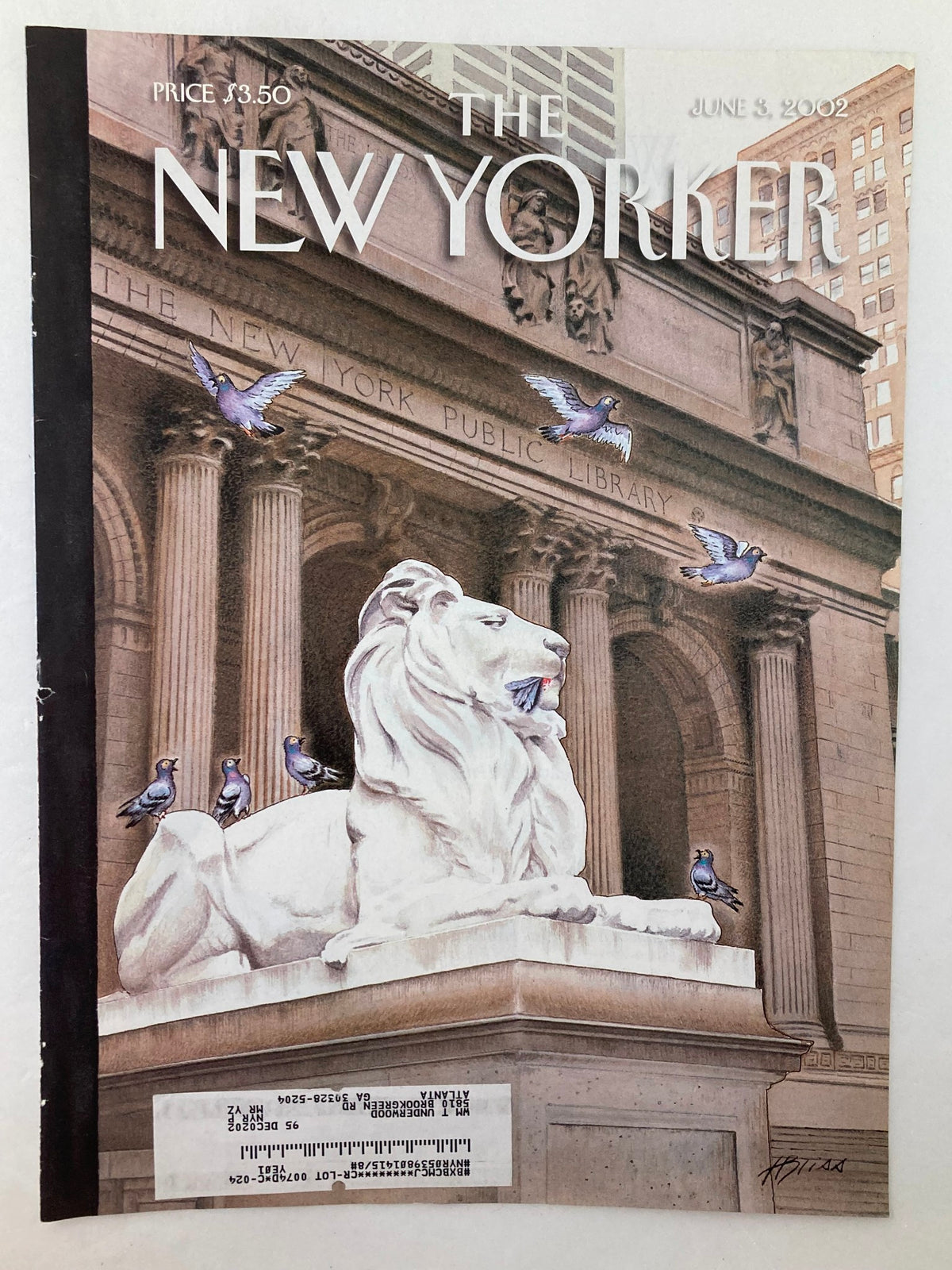 COVER ONLY The New Yorker June 3 2002 It's A jungle Out There by Harry Bliss, featuring whimsical urban jungle artwork showcasing a playful lion and birds at the New York Public Library.