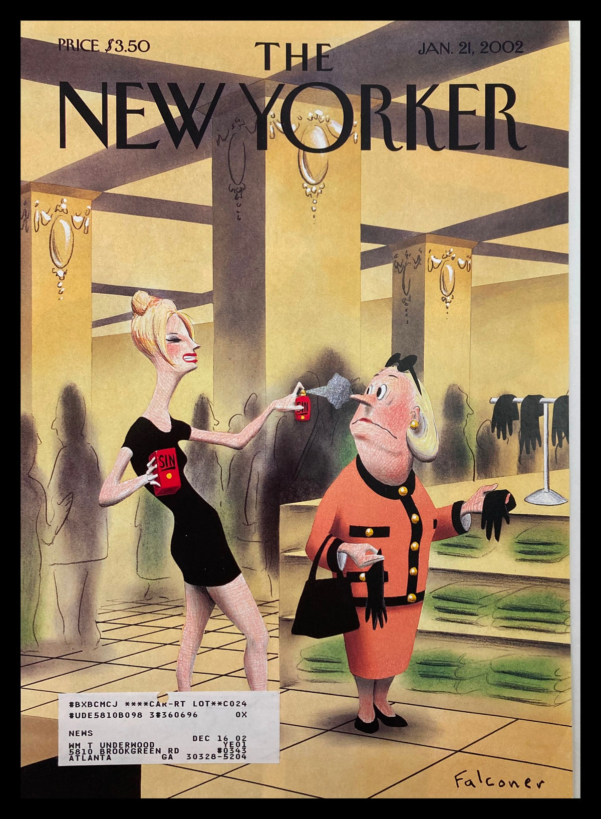 Cover of The New Yorker January 21, 2002 featuring artwork by Ian Falconer depicting a stylish woman holding a drink in a social setting, capturing the theme 'A Whiff of Sin'.