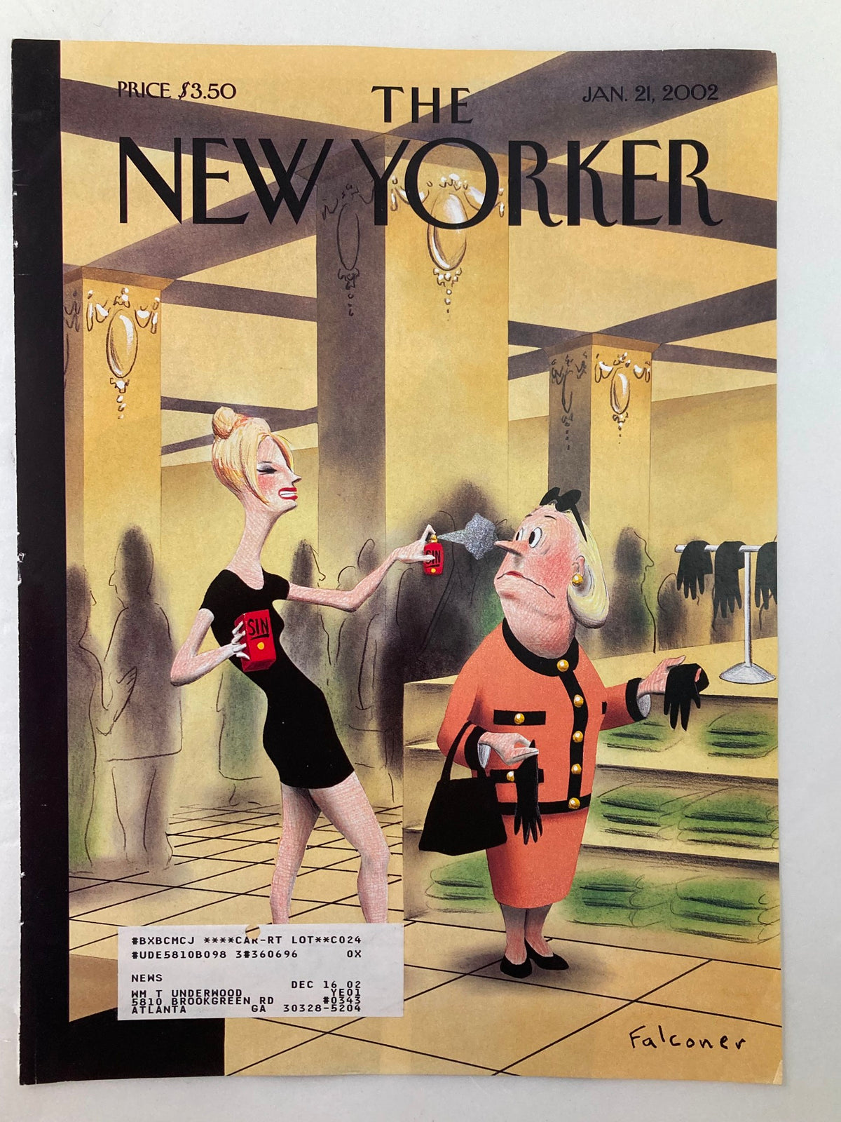 The New Yorker cover from January 21, 2002 showcasing Ian Falconer's illustration of a glamorous woman and a bemused older lady, combined with the title 'A Whiff of Sin'.