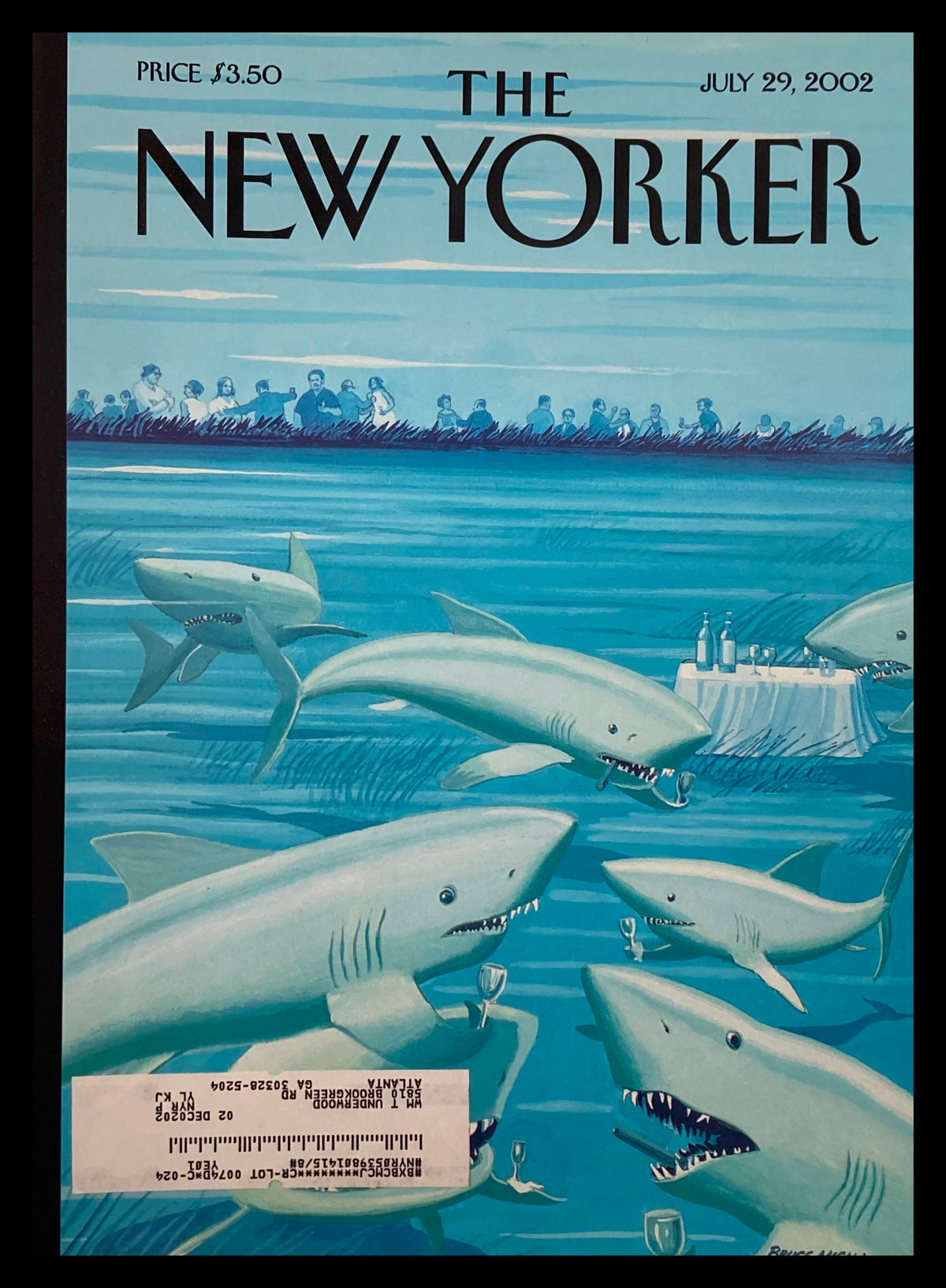 COVER ONLY The New Yorker July 29 2002 Drinks Before Dinner by Bruce McCall featuring whimsical sharks and a dinner scene under blue water.