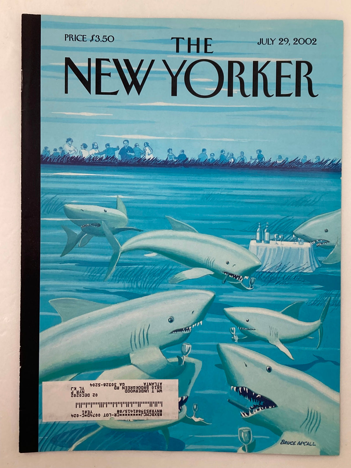 COVER ONLY The New Yorker July 29 2002 Drinks Before Dinner by Bruce McCall showcasing cartoonish sharks around a dining table, capturing a humorous take on leisure.